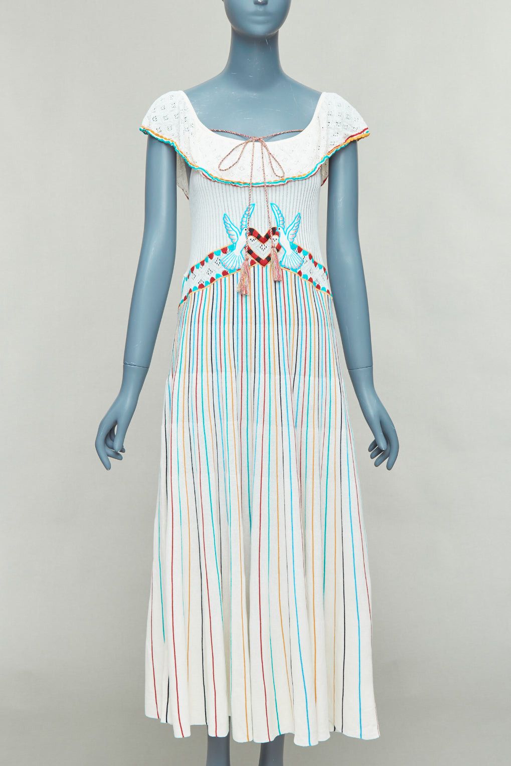 RED VALENTINO multicolor cream cotton bird embroidery pleated knit