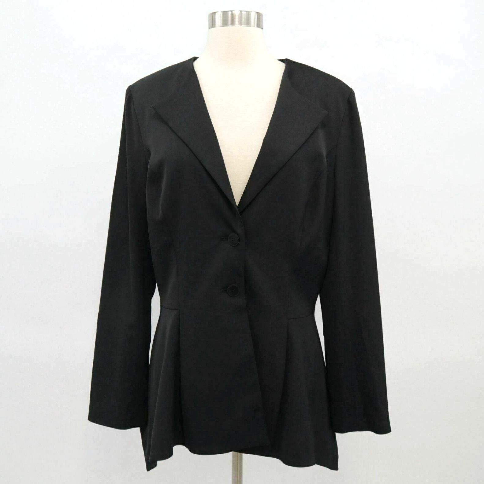 image of Lela Rose Blazer Jacket 14 New Black Asymmetric Hem Seamed Button Front Wool in White, Women's (Siz