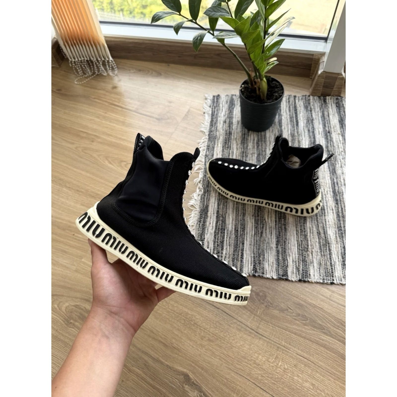 Miu Miu VINTAGE Miu Miu High Top Sneakers Knit Black Shoes 39 US 8.5 Woman Shadow Logo Retro City Avant Garde Size M / US 6-8 / IT 42-44 - 3 Thumbnail
