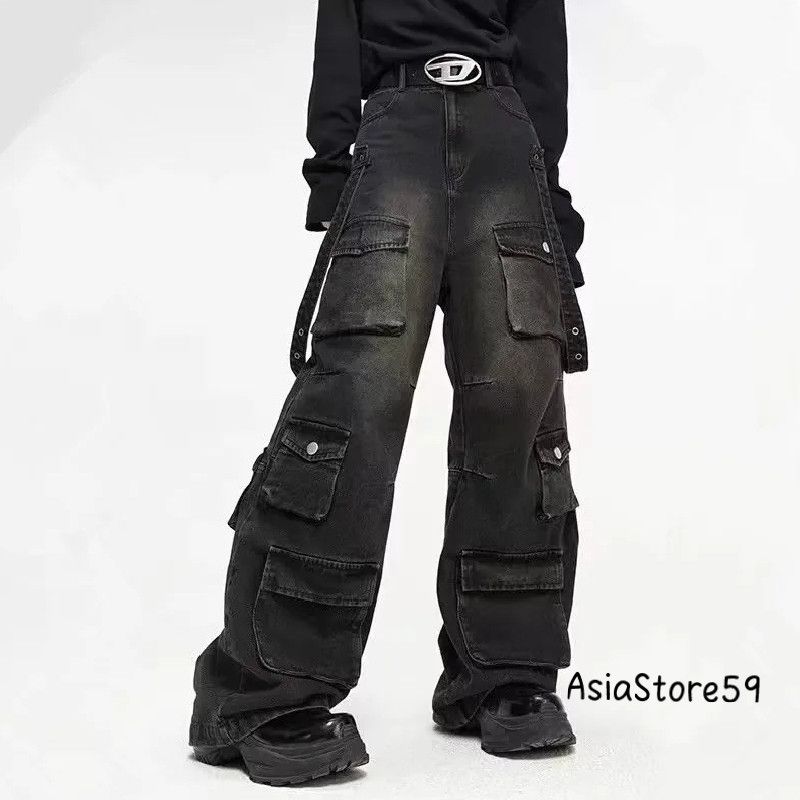 y2k streetwear multiple pockets baggy cargo jeans for men