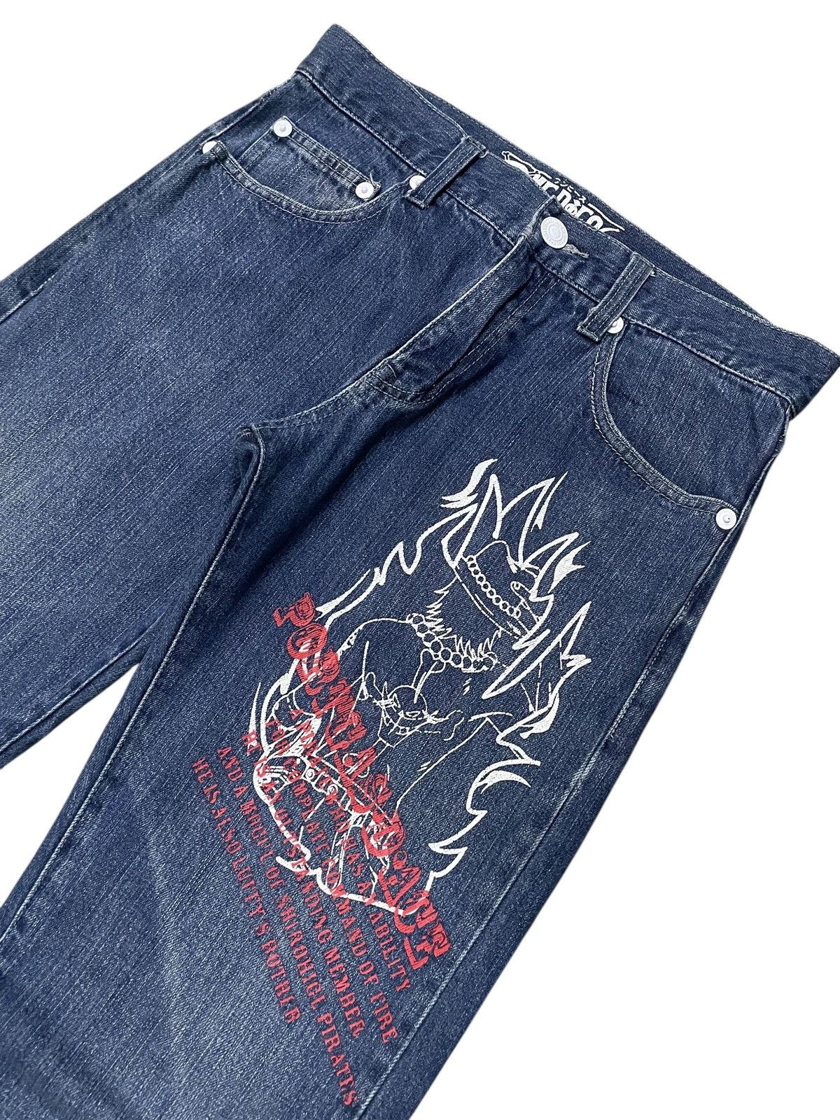 Japanese Brand Vintage One Piece Anime Ace And Luffy On Fire Rare Jeans Size US 30 / EU 46 - 3 Thumbnail