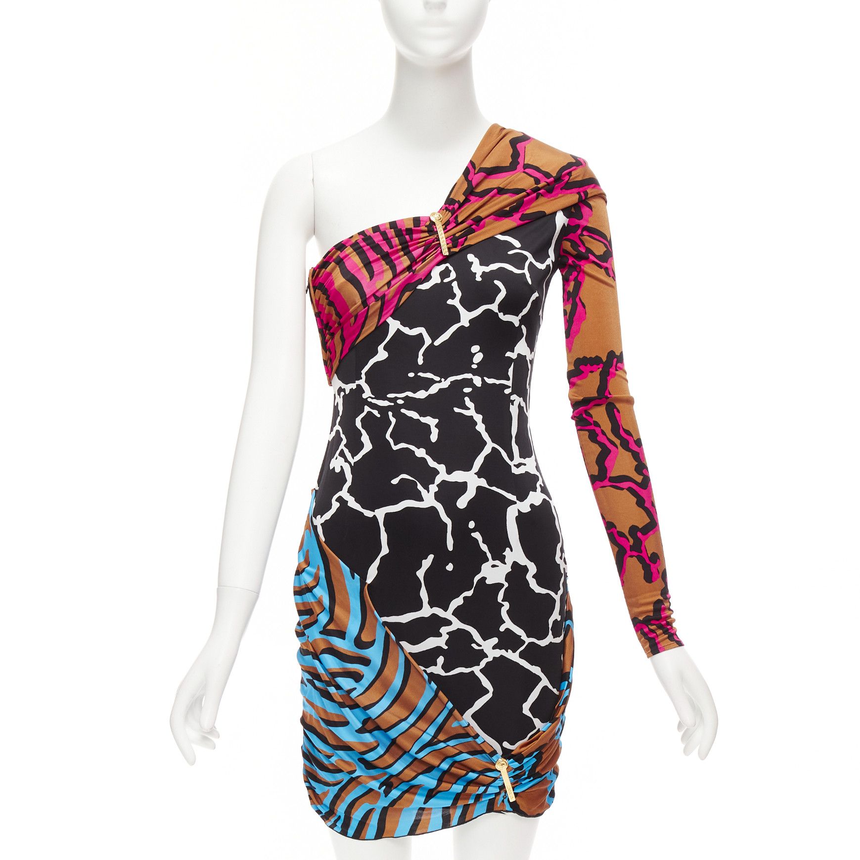 image of Versace Runway Mixed Giraffe Print Gold Logo Clip Body Con Wiggle Dress It36 Xxs, Women's