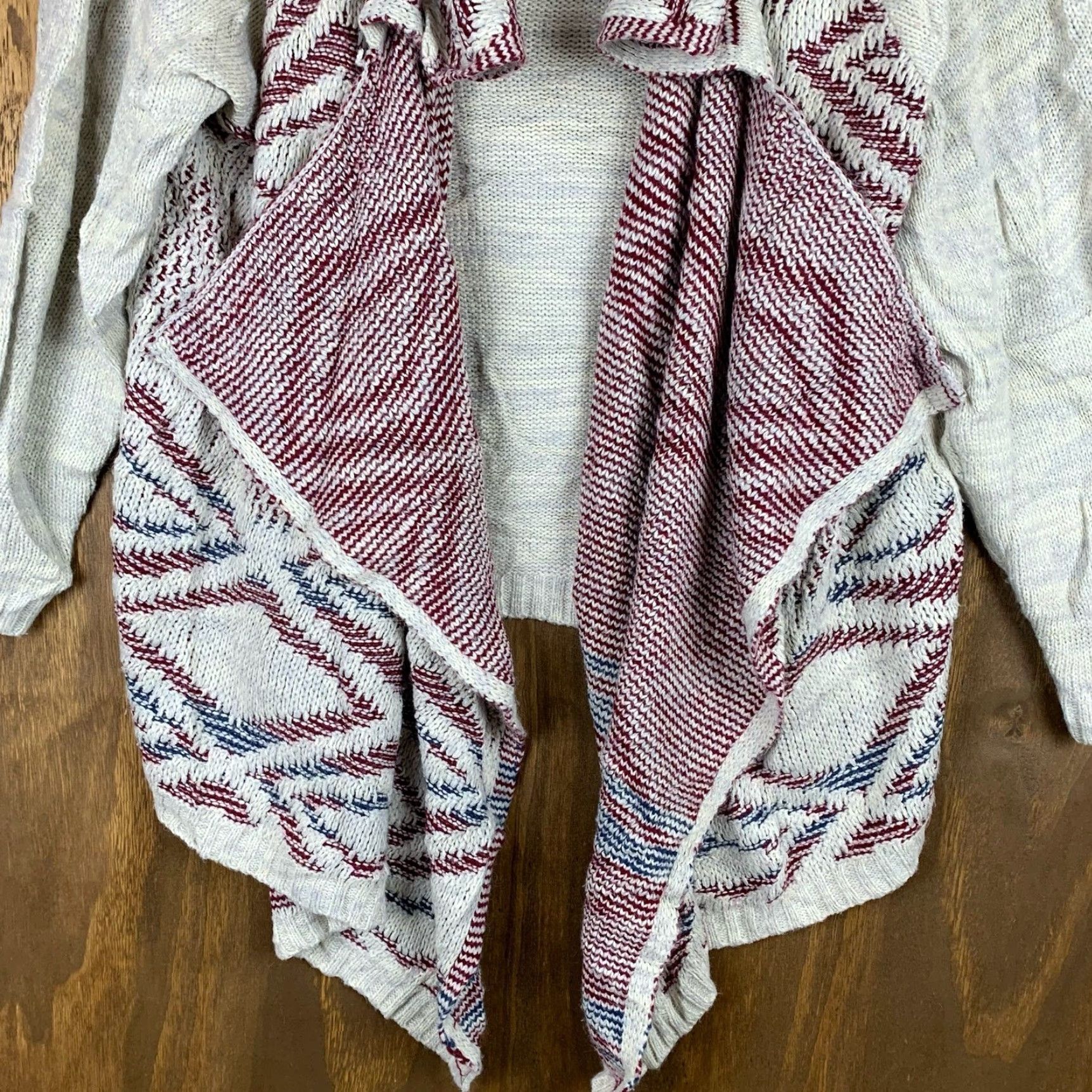Vintage Au Lieu Womens Cardigan Sweater Gray Burgundy Aztec Open Waterfall Front 3X Size XXL / US 16-18 / IT 52-54 - 4 Thumbnail