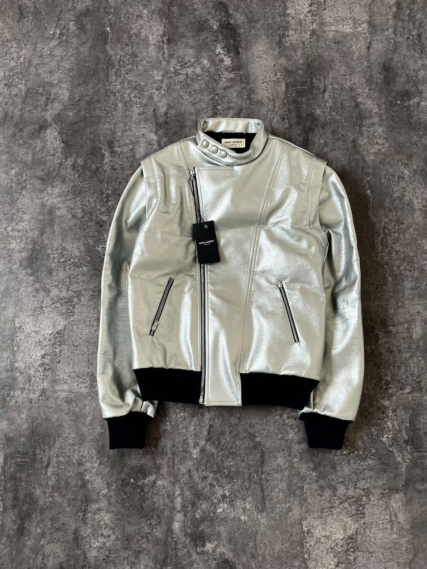 Saint Laurent Paris silver lambskin biker jacket by Saint Laurent Size US M / EU 48-50 / 2 - 1 Thumbnail
