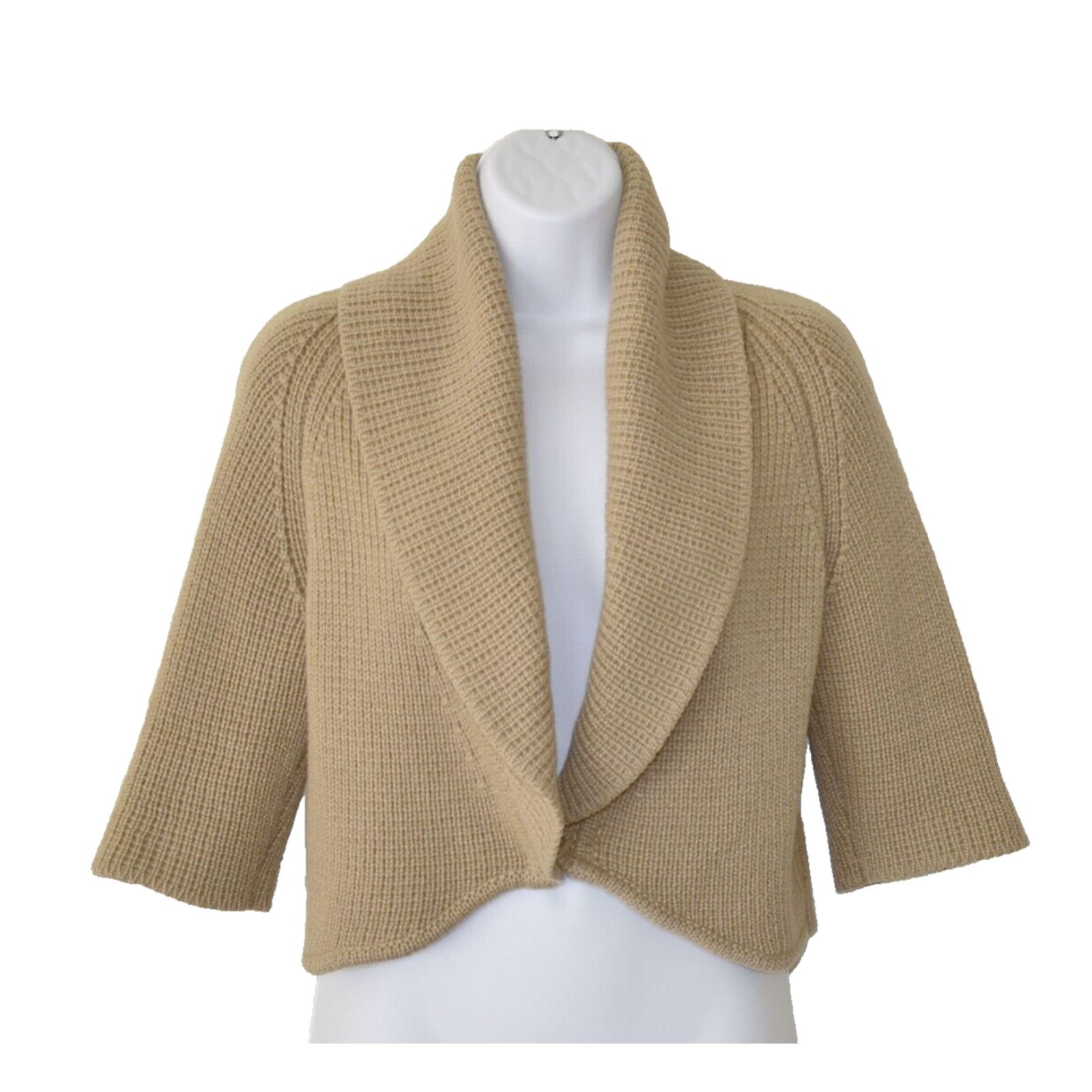 BARNEYS NEW YORK Tan Cashmere Cropped Cardigan Sweater Sz M