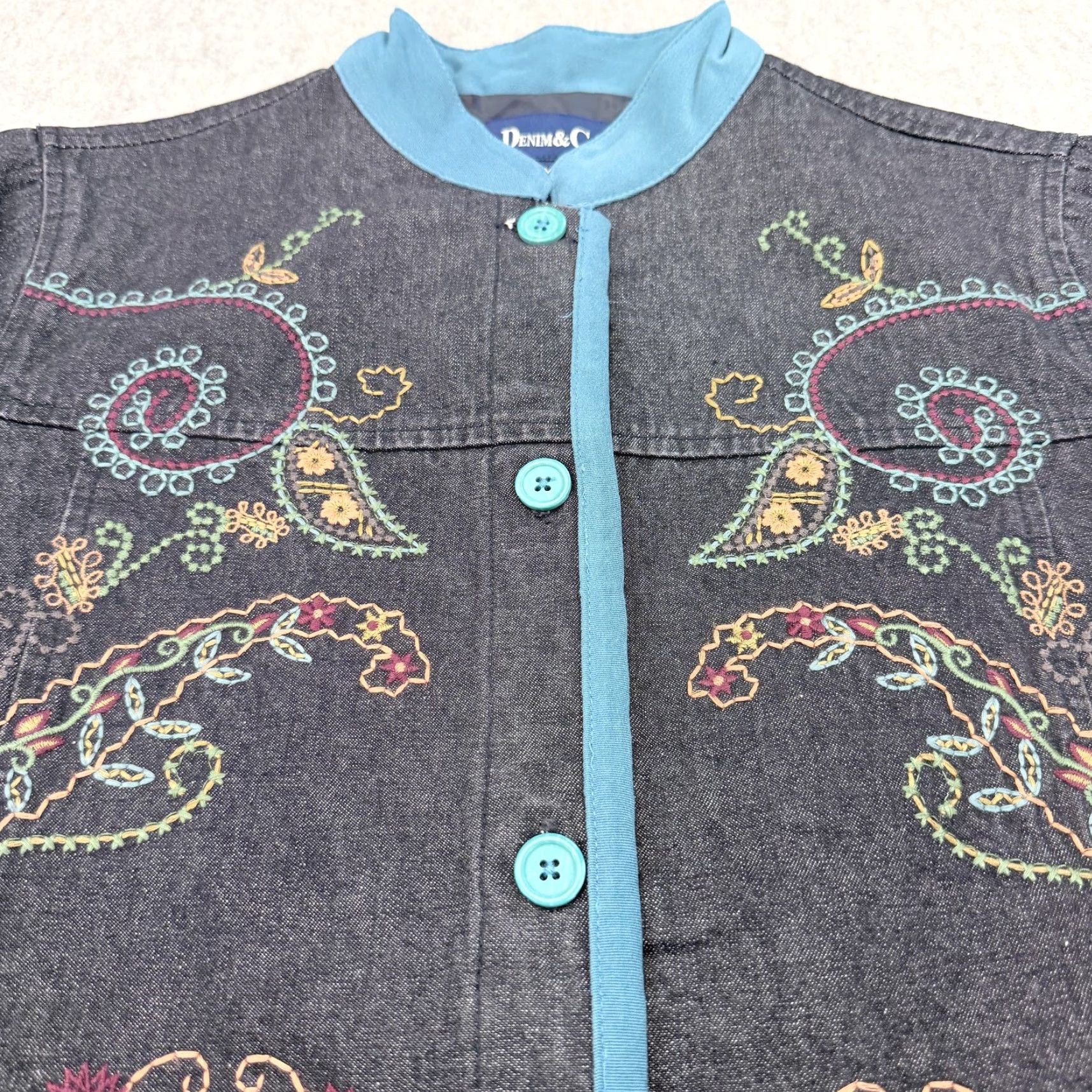 Denim & Co. Denim & Co Jacket Womens XS Blue Embroidered Paisley Button Front Mid-Length Casual Bohemian Flower Jacket Womens XS Denim & Co Size XS / US 0-2 / IT 36-38 - 6 Thumbnail