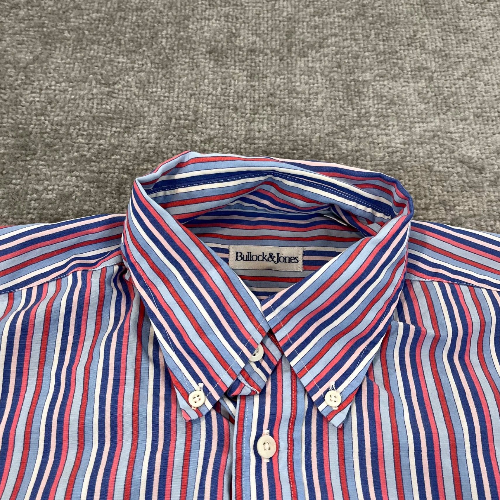 Vintage Bullock & Jones Shirt Mens Large Red White Blue Striped Button Up Down Dress L/S Size 42R - 2 Thumbnail