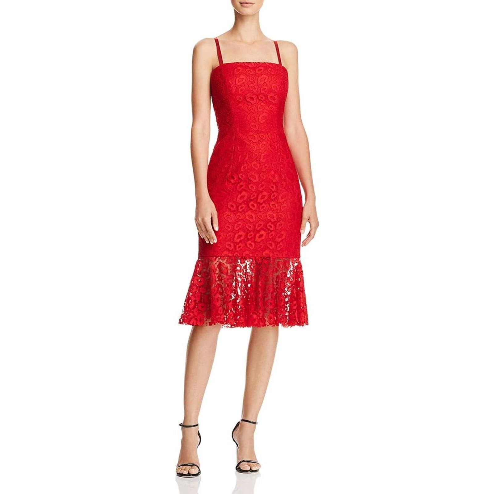 image of Milly Lace Overlay Flounce Dress - Abstract - Red/ruby Size 12, Women's