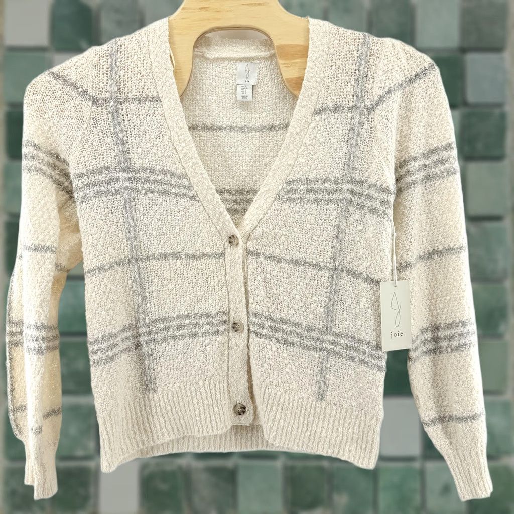 Joie VINTAGE Joie Sweater Womens Large Cream Gray Plaid Button Cardigan Soft Knit Boucle NWT Size L / US 10 / IT 46 - 1 Thumbnail