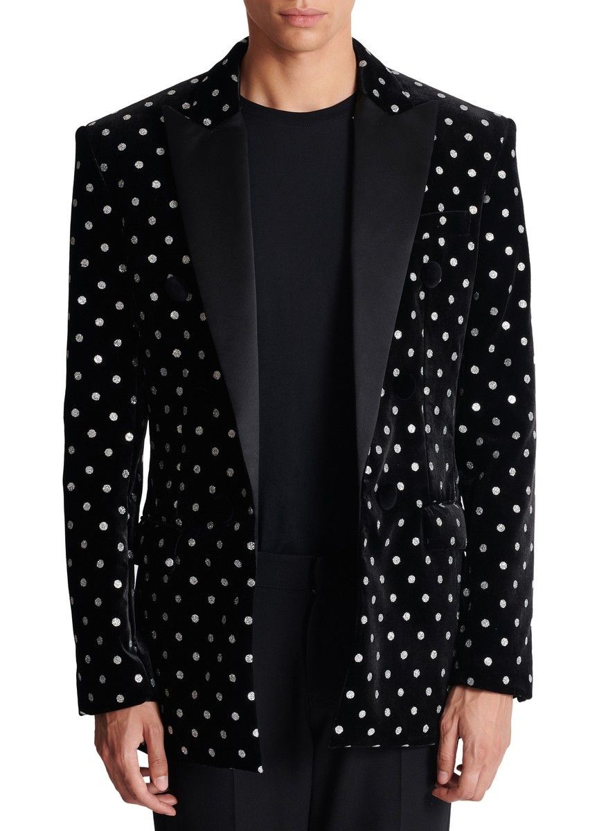 Balmain o1s1wg110125 Velvet Glitter Dot Jacket in Black White Size US L / EU 52-54 / 3 - 2 Thumbnail