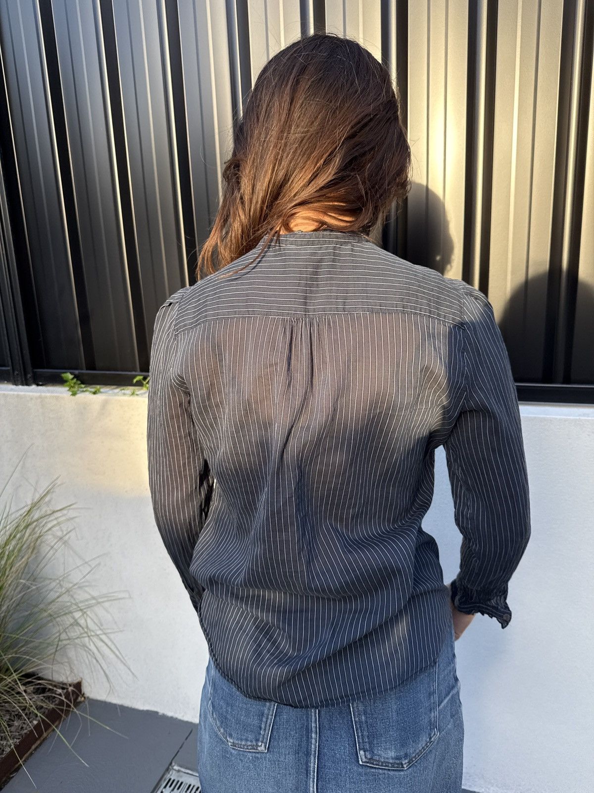 Blouse blue and ecru pin stripes