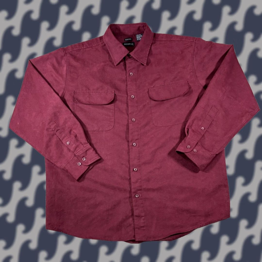 George George Sueded Button Up Long Sleeve Shirt Red Mens Size L Regular Collar Button-Front Polyester Microfiber Shirt Size US L / EU 52-54 / 3 - 1 Thumbnail