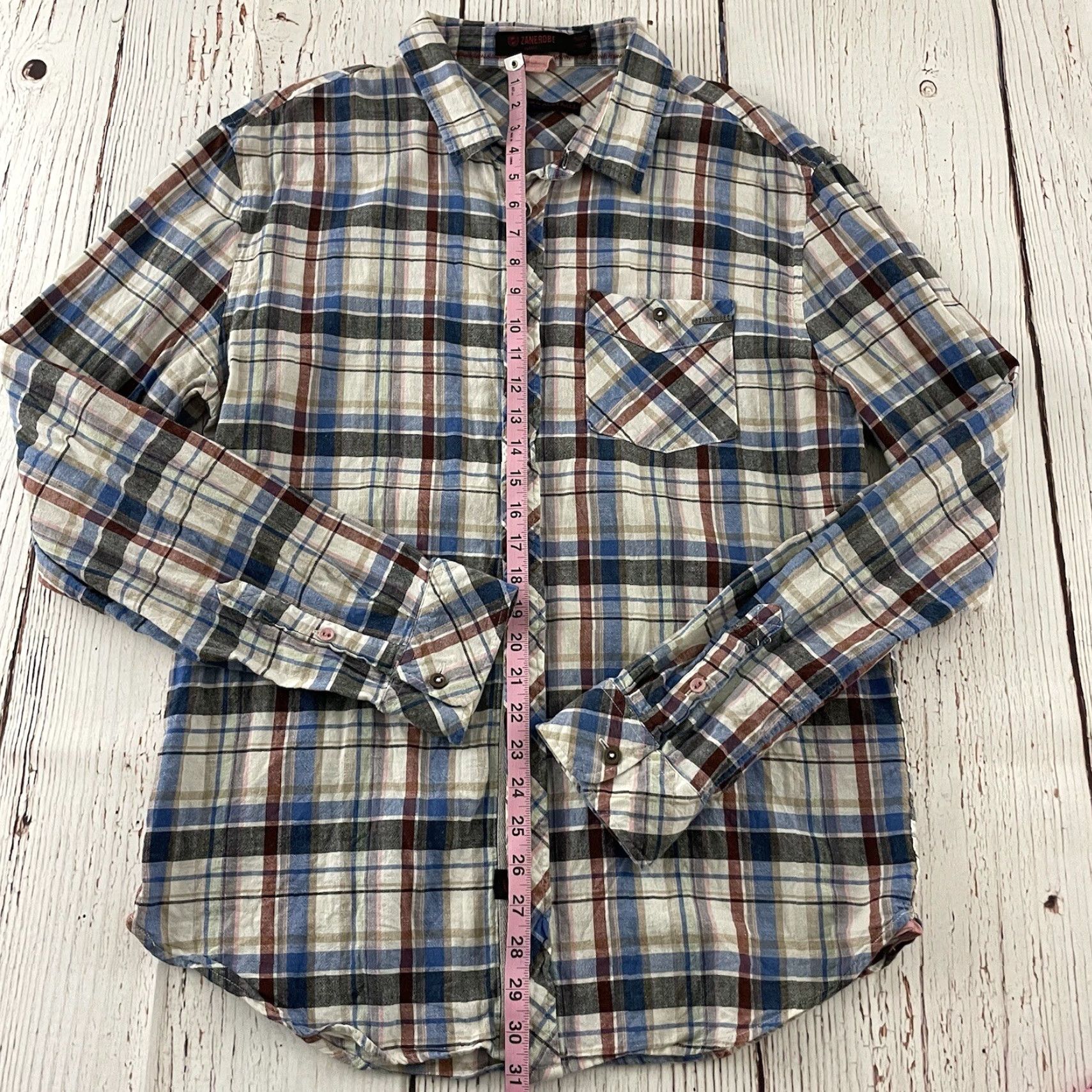 Zanerobe Zanerobe Plaid Long Sleeve Button Front Shirt Men's XL Beige Blue Size US XL / EU 56 / 4 - 4 Thumbnail