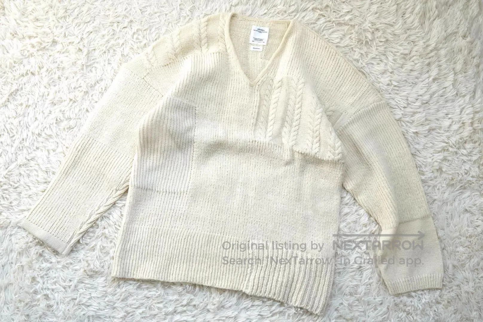Visvim Beige V-Neck Cable Knit Sweater Size L. Size US L / EU 52-54 / 3 - 1 Thumbnail