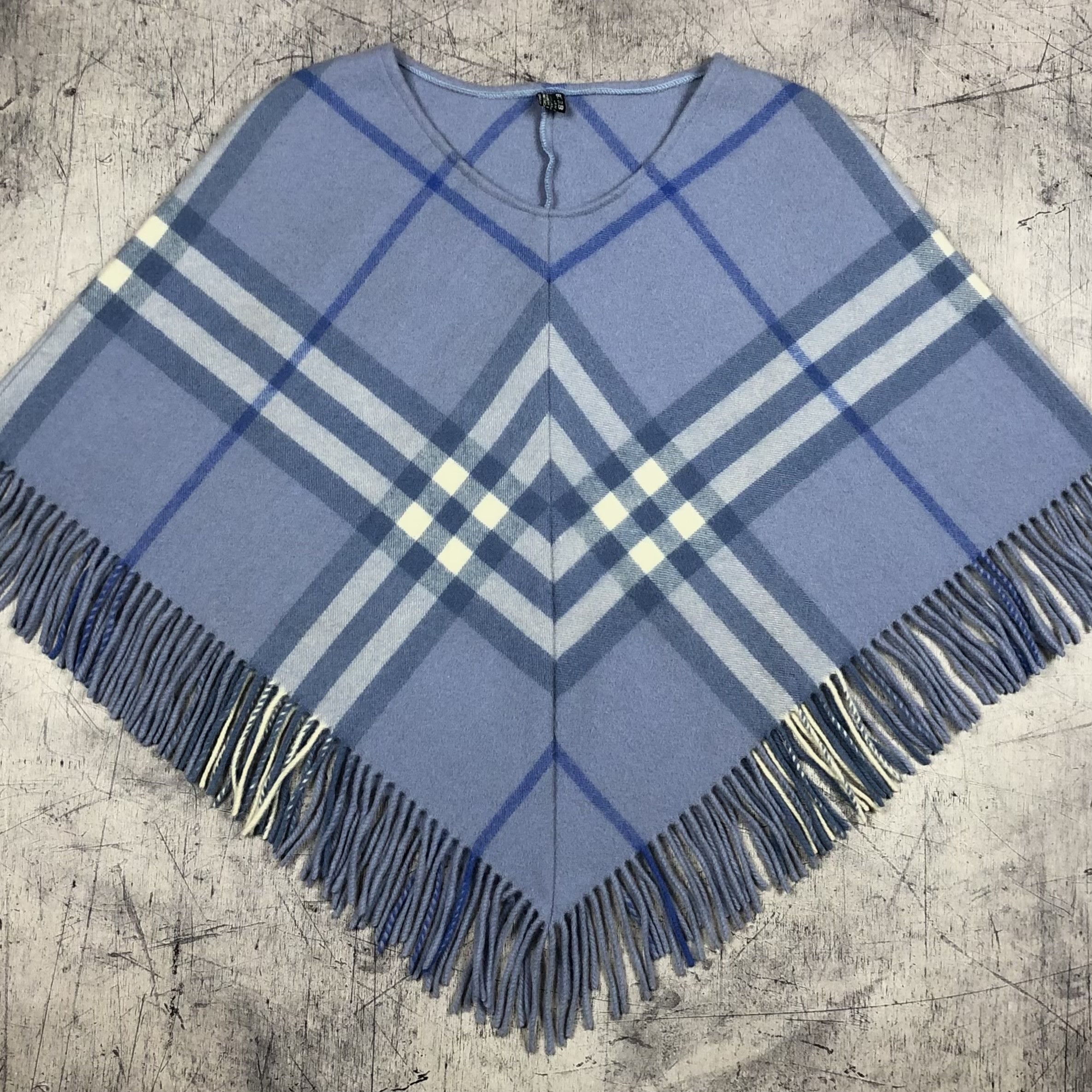 Vintage Burberry Fringed Wool Nova Check Women’s Poncho Cape