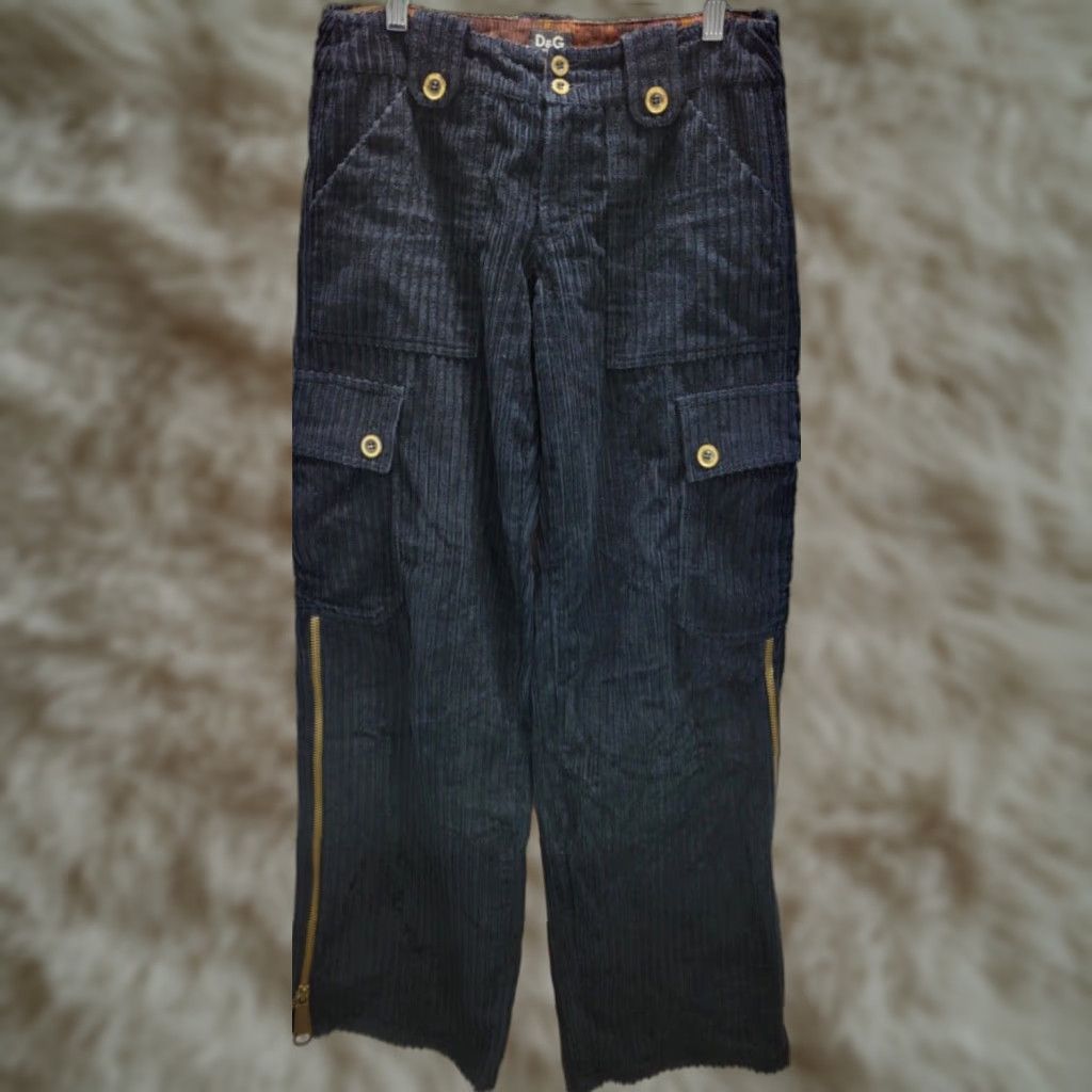 Dolce & Gabbana VINTAGE Dolce&Gabbana Womens Pants 26 Black Corduroy Wide Leg Side Zip Y2K Cargo 90s Womens Size 26" / US 2 / IT 38 - 1 Thumbnail