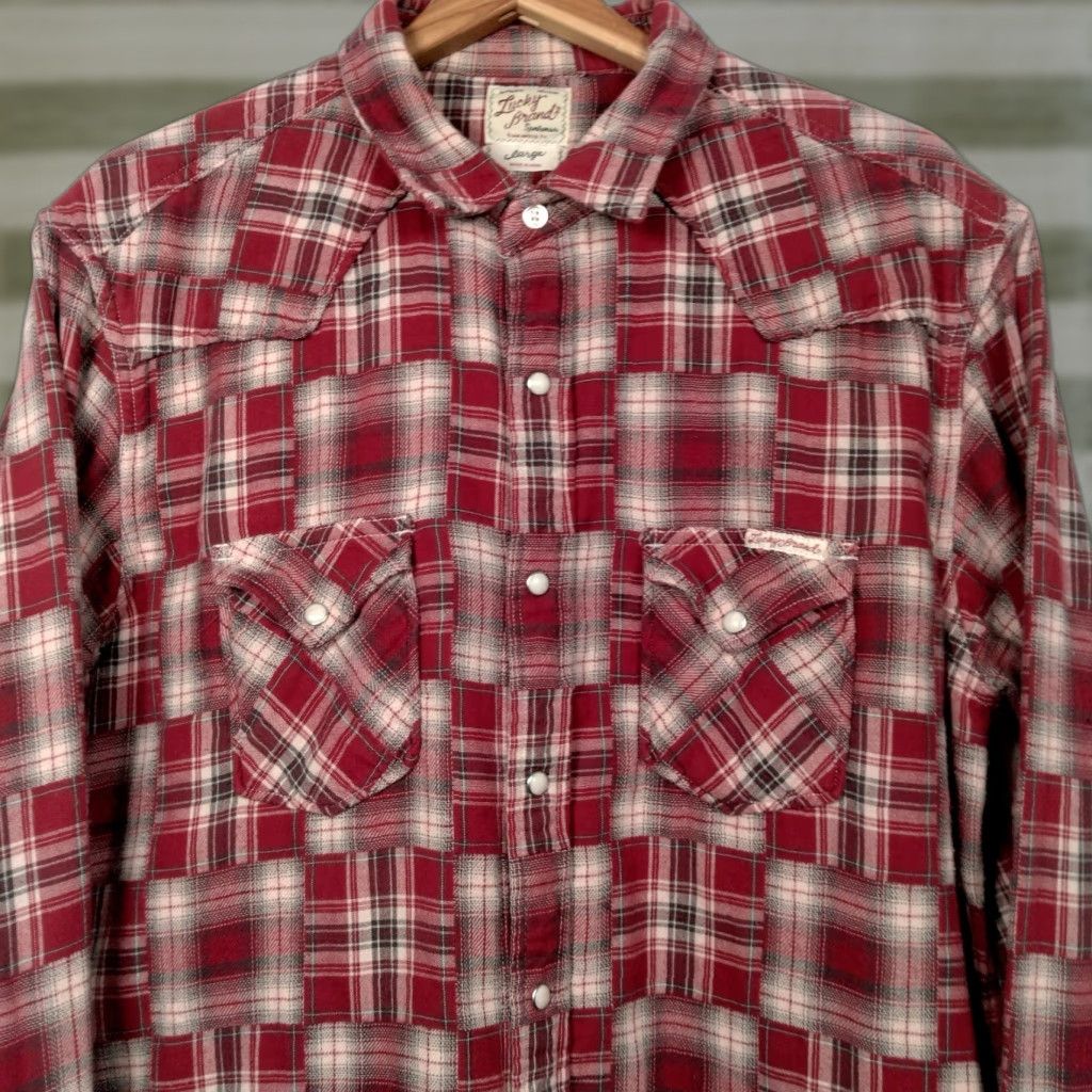 Lucky Brand Lucky Brand Shirt Western Flannel Patchwork Print Pearl Snap L Read Men Large Red Cotton Plaid Cowboy Workwear Sweatshirt? Size US L / EU 52-54 / 3 - 1 Thumbnail