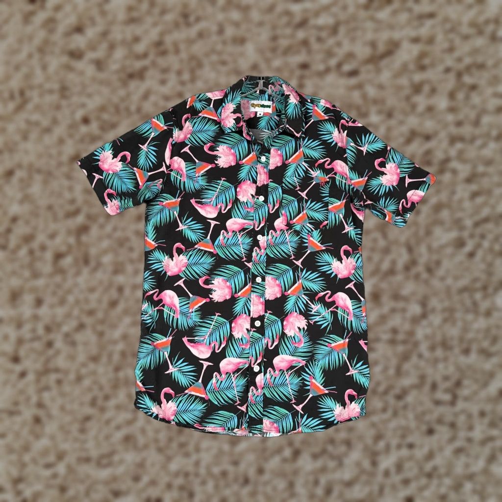 Vintage Tipsy Elves Shirt Men Adult Large Black Floral Flamingo AOP Hawaiian Cotton Blend Button-Up Short Sleeve Size US L / EU 52-54 / 3 - 1 Thumbnail