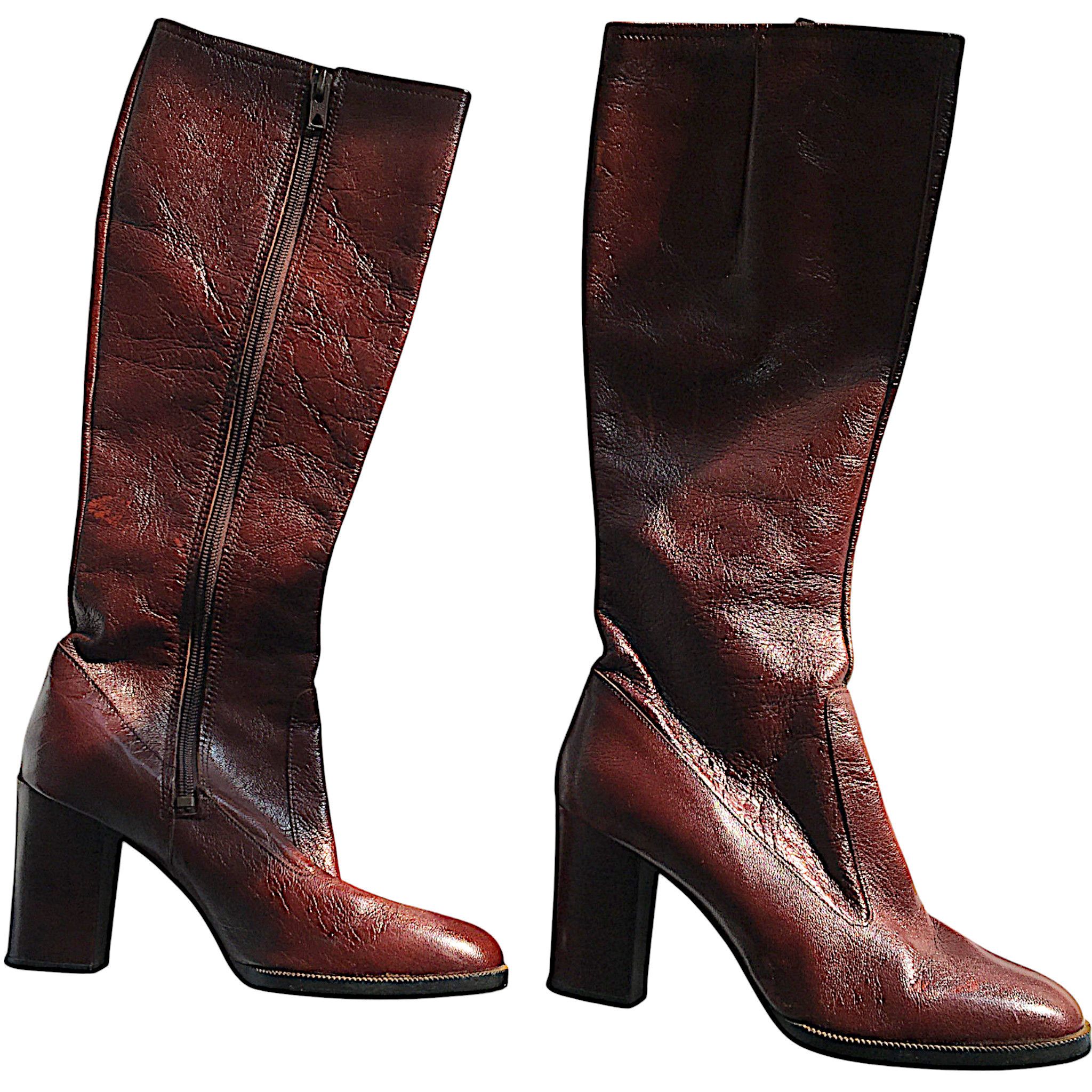 Vintage Burgundy Leather Boots - High Block Heel - France 70s Size US 6 / IT 36 - 1 Thumbnail