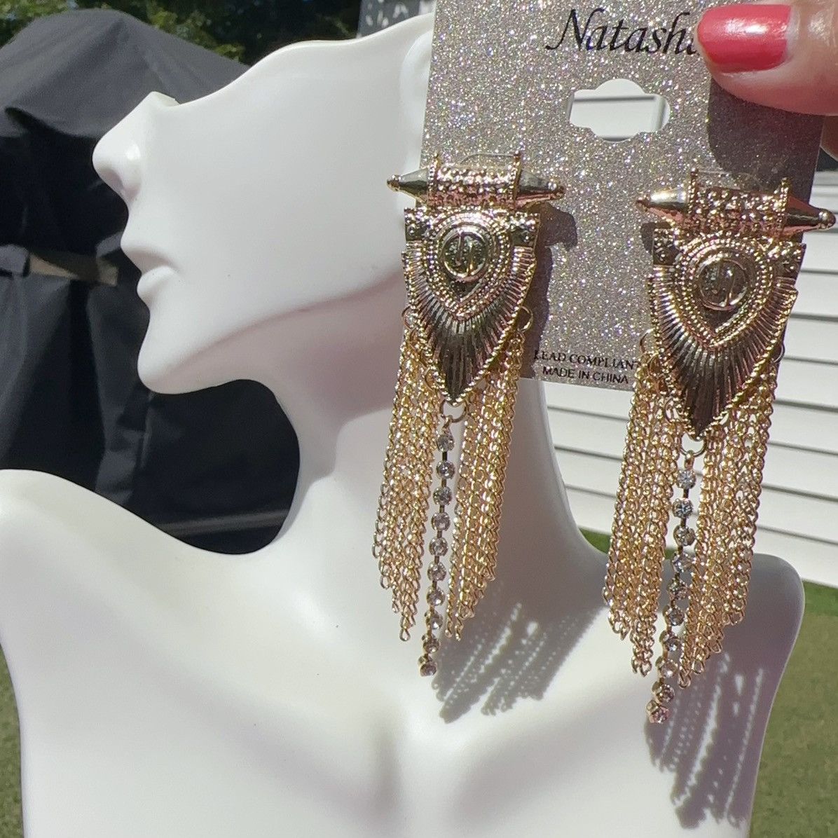 Designer Natasha gold tone arrow head tassels diamonds earrings Size ONE SIZE - 1 Thumbnail