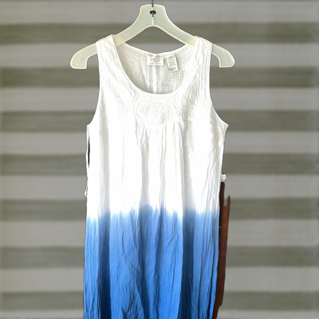 OSO Casuals Maxi Dress Sleeveless Dip-Dye Embroidered Neck Tiered Woven Blue S Dress Women Womens (Os0)