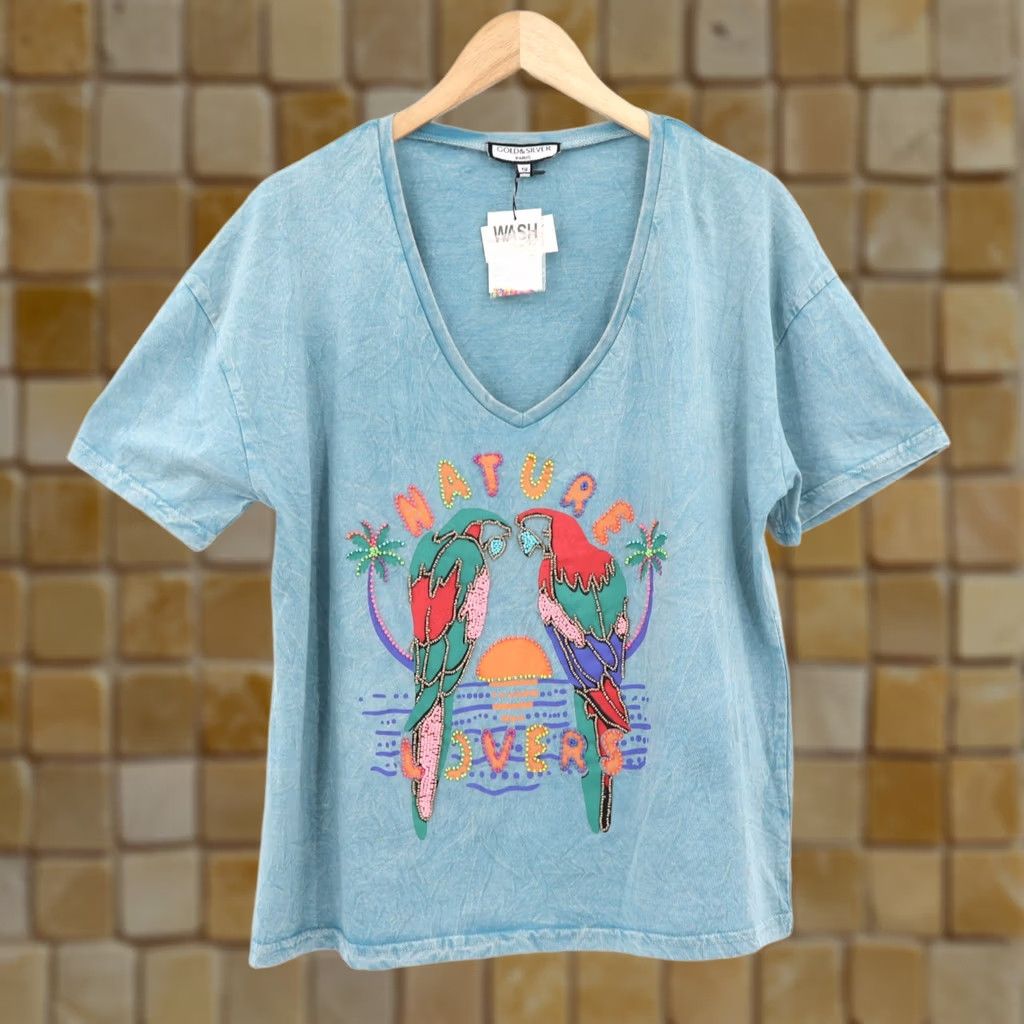 Vintage Gold & Silver Paris Beaded Embroidered Parrot V-Neck Tee One Size Womens Shirt TSU NEW Size ONE SIZE - 1 Thumbnail