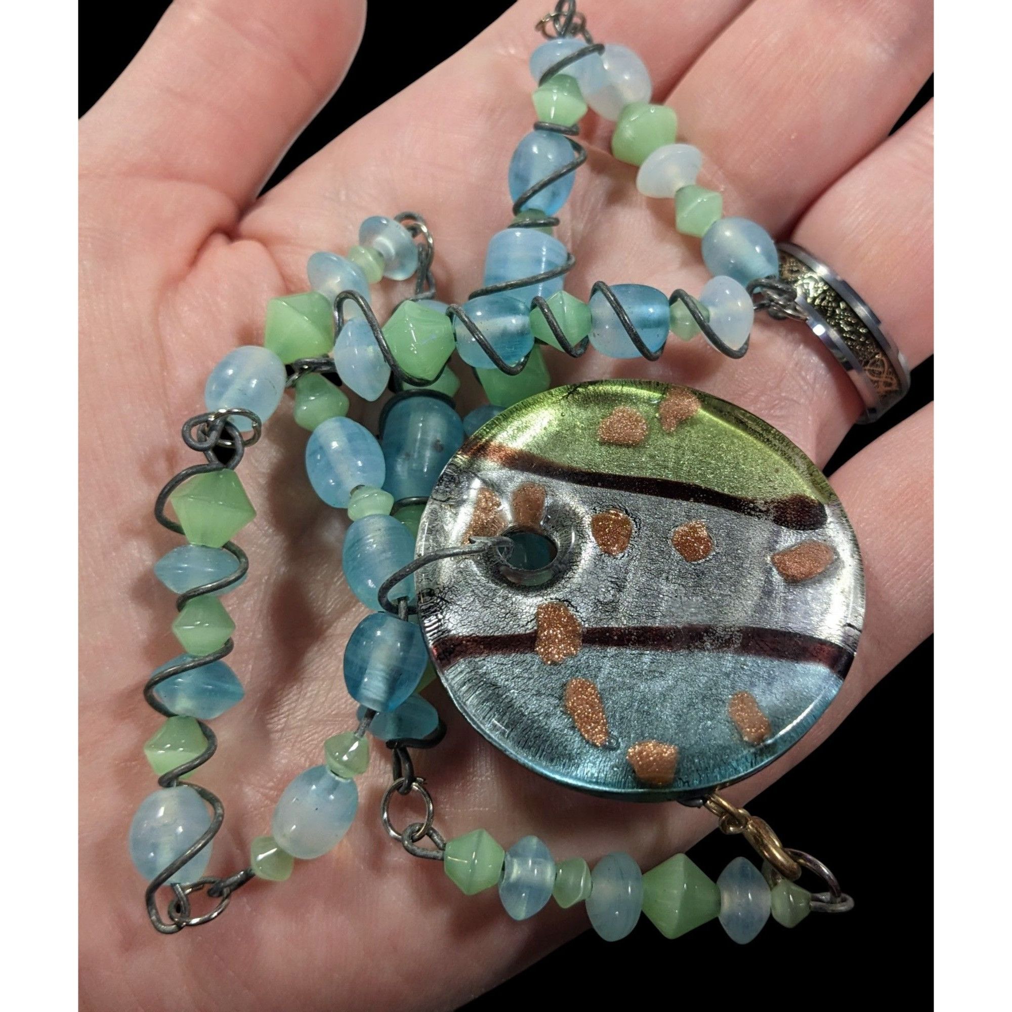 Other Handmade Whimsical Wire Wrapped Blue And Green Glass Pendant Size ONE SIZE - 4 Thumbnail