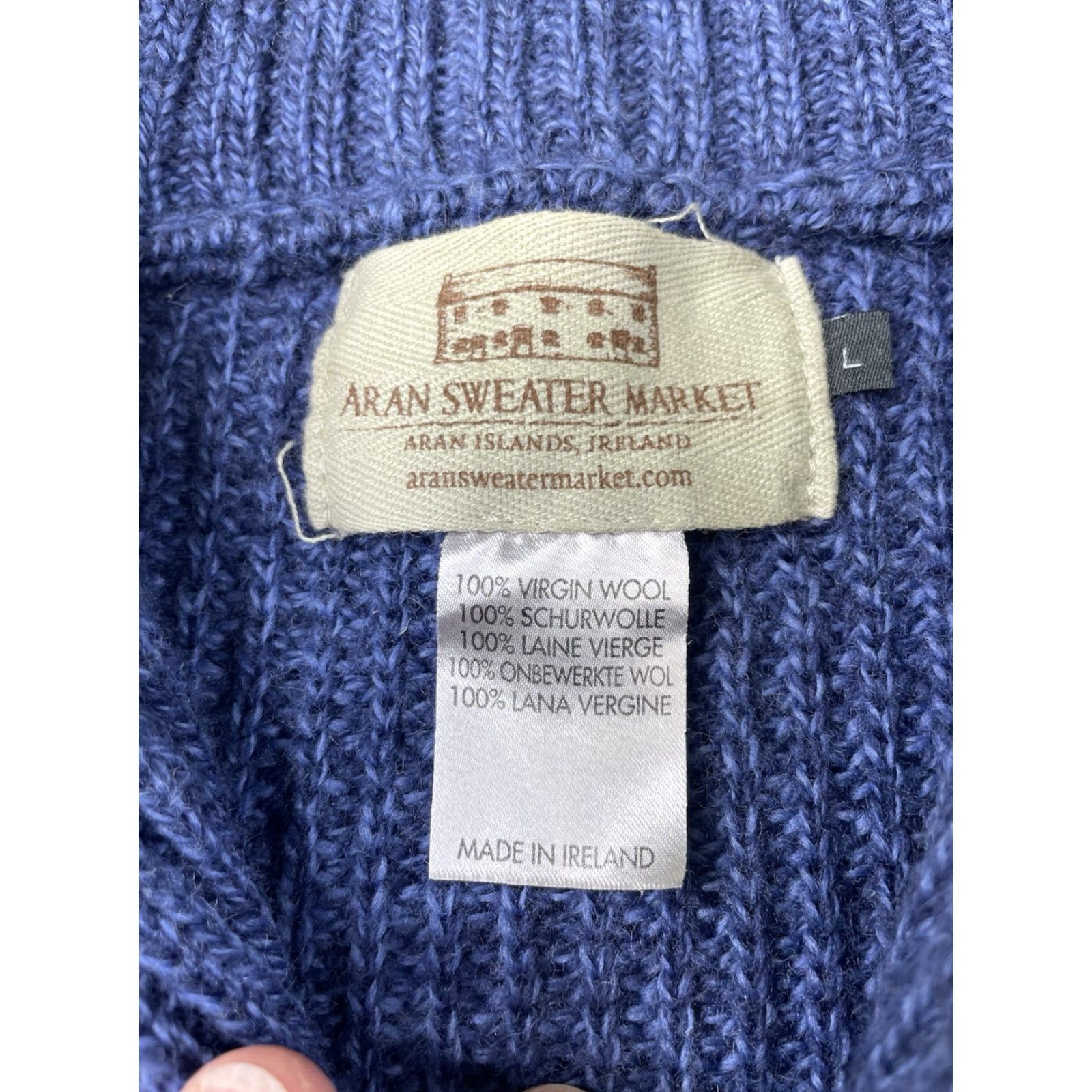 Market Aran Sweater Market Womens Large Virgin Wool Blue 1/4 Zip Knit Pullover Ireland Gyro? No rips or stains Size L / US 10 / IT 46 - 4 Thumbnail