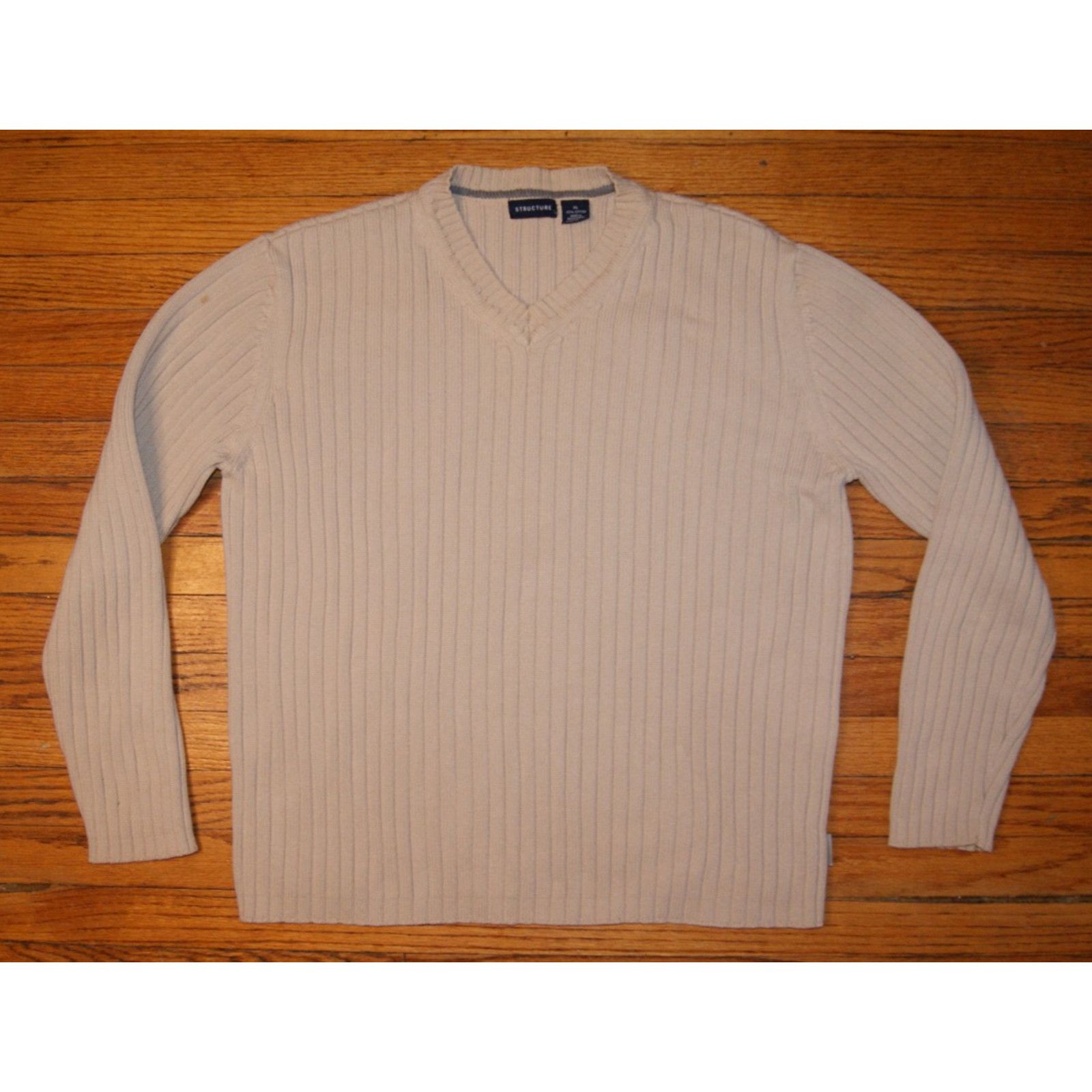 Structure Structure Mens VTG 90 Light Tan Ribbed Knit VNeck Sweater XL Size US XL / EU 56 / 4 - 1 Thumbnail