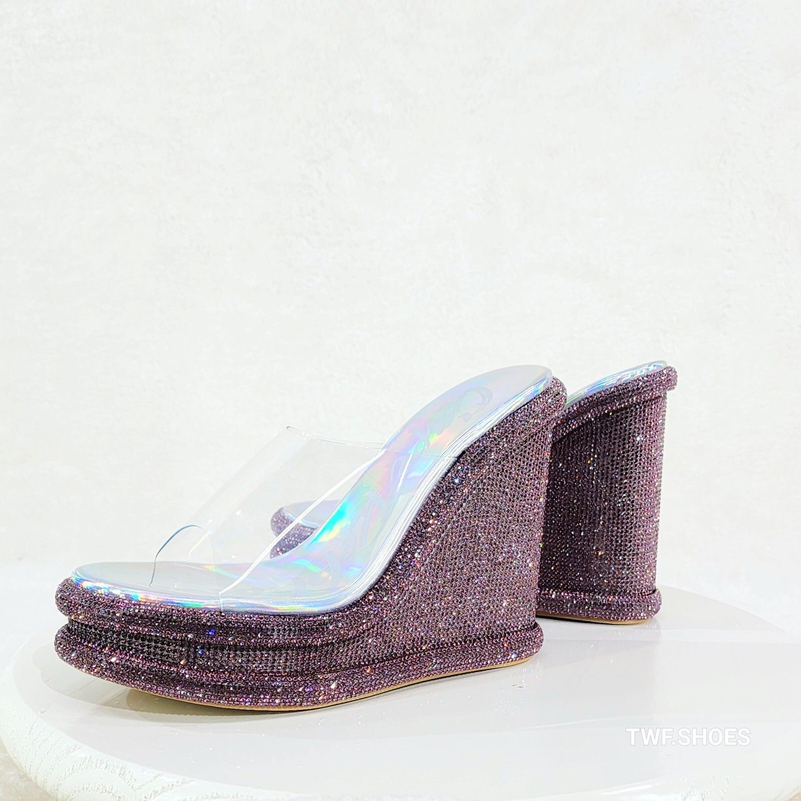 Other Zesty Purple Hologram Rhinestone Platform Wedge Heel Slip On Size US 7 / IT 37 - 2 Thumbnail