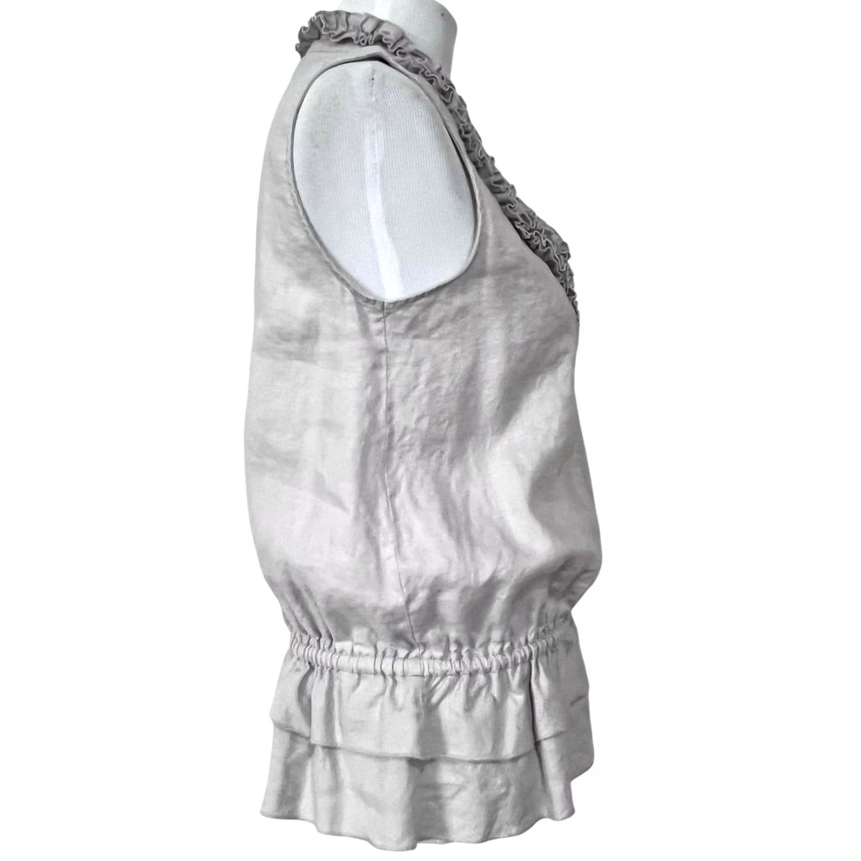 Vintage Zoe D. Women’s Linen Top Gray Sleeveless Cinched Waist Ruffled Collar Blouse M, Blouse, Women, Gray, Linen, Solid, Sleeveless, 50s? Size M / US 6-8 / IT 42-44 - 6 Thumbnail