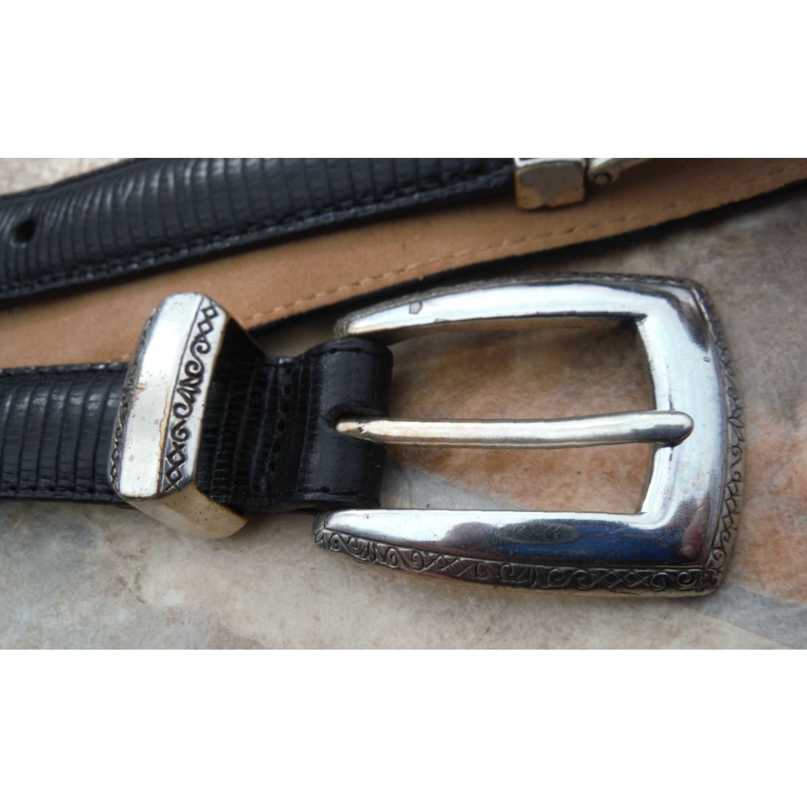 Brighton VINTAGE Brighton Leather Concho Belt Women's Small Black Reptile Pattern 90s Decorative Engraved Size ONE SIZE - 4 Thumbnail