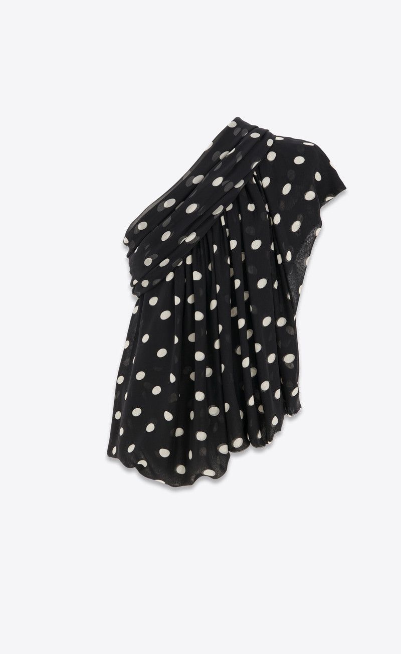 Saint Laurent Paris oc11z1225 774927 Draped Oone-Shoulder Top Dotted Silk Muslin Size US L / EU 52-54 / 3 - 1 Thumbnail