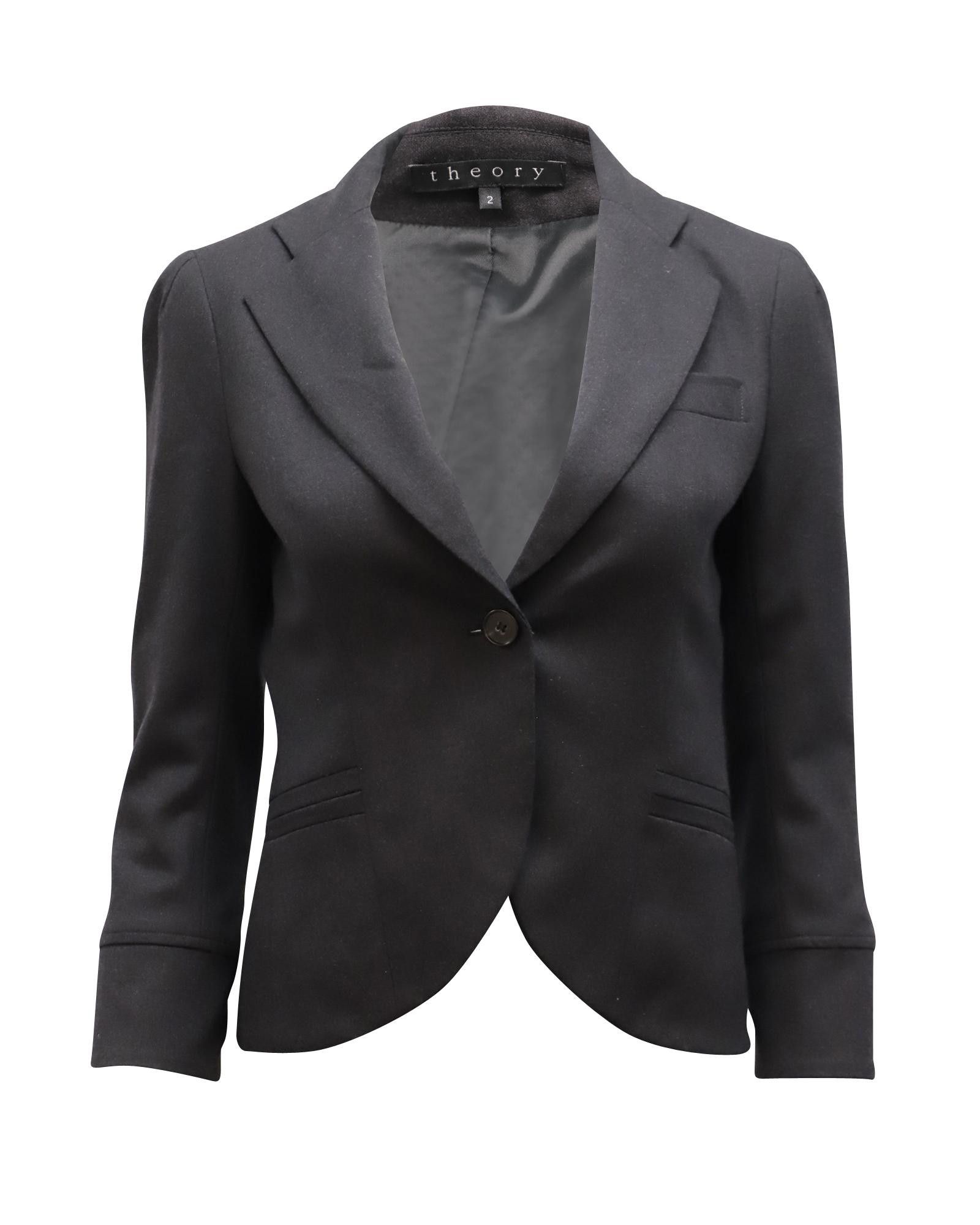 image of Theory Sophisticated Black Wool Cropped Jacket With Button Front And Pockets, Women's (Size Small)