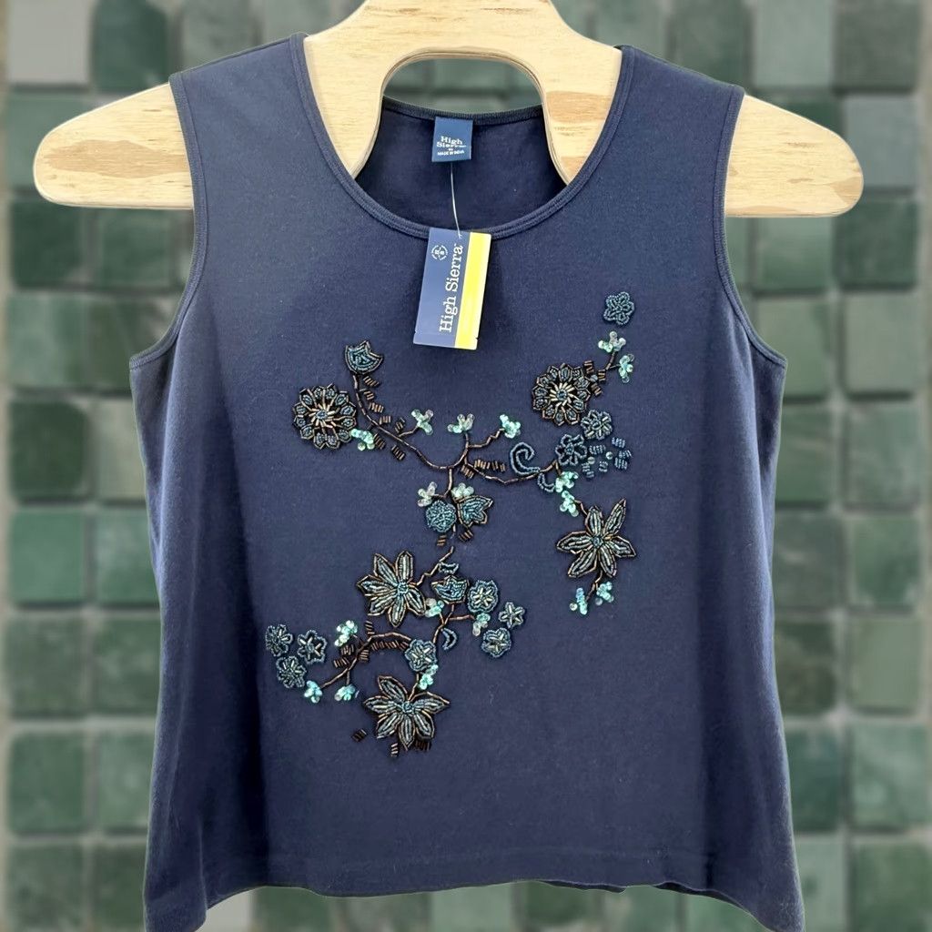 High Sierra VINTAGE High Sierra Navy Blue Floral Beaded Tank Top Womens XL Beaded Embellished Sleeveless Tank Top Beach Casual Summer Floral Navy Blue Size XL / US 12-14 / IT 48-50 - 1 Thumbnail