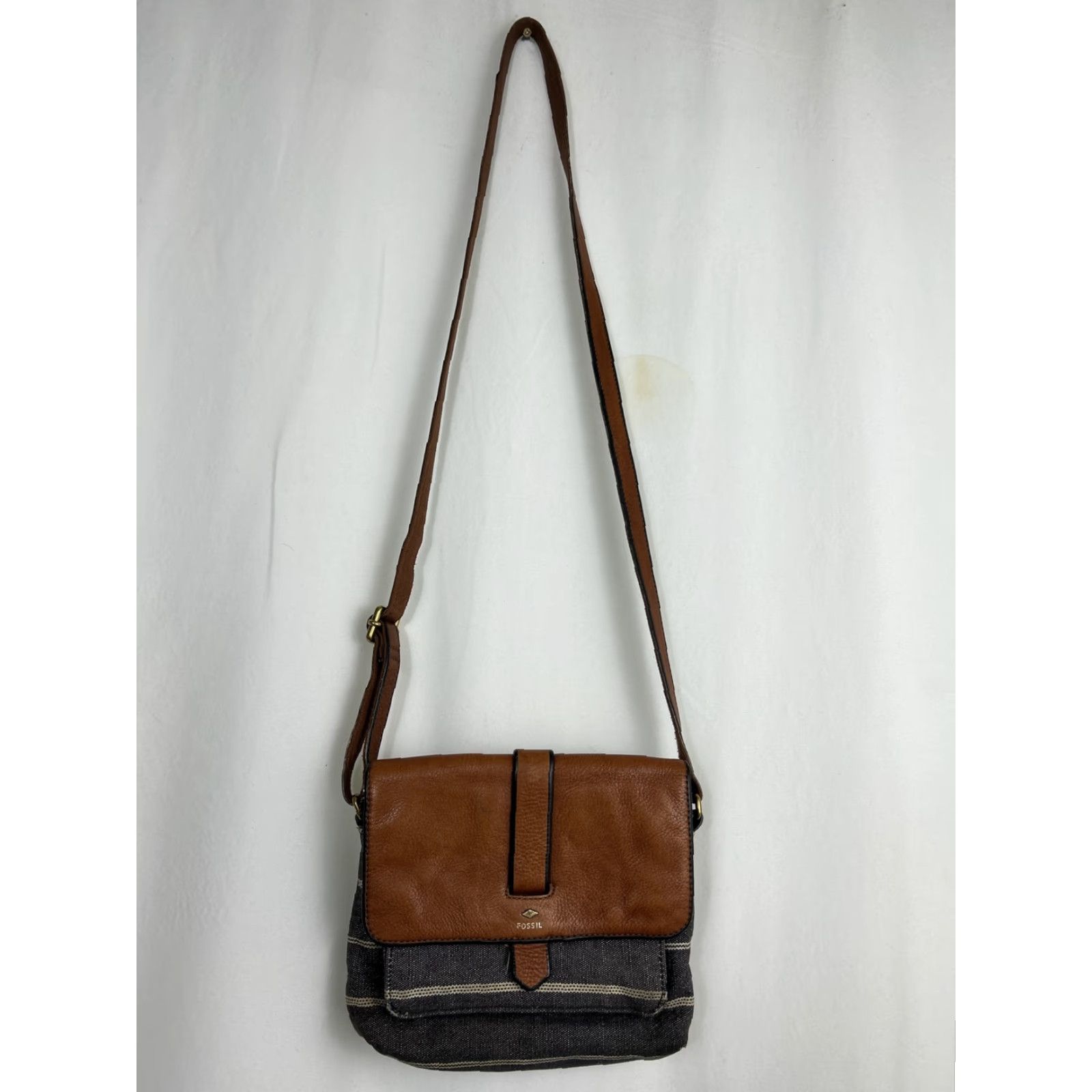 Fossil Fossil Crossbody Purse Black Denim Striped Brown Leather Flap Small Women Size ONE SIZE - 5 Thumbnail