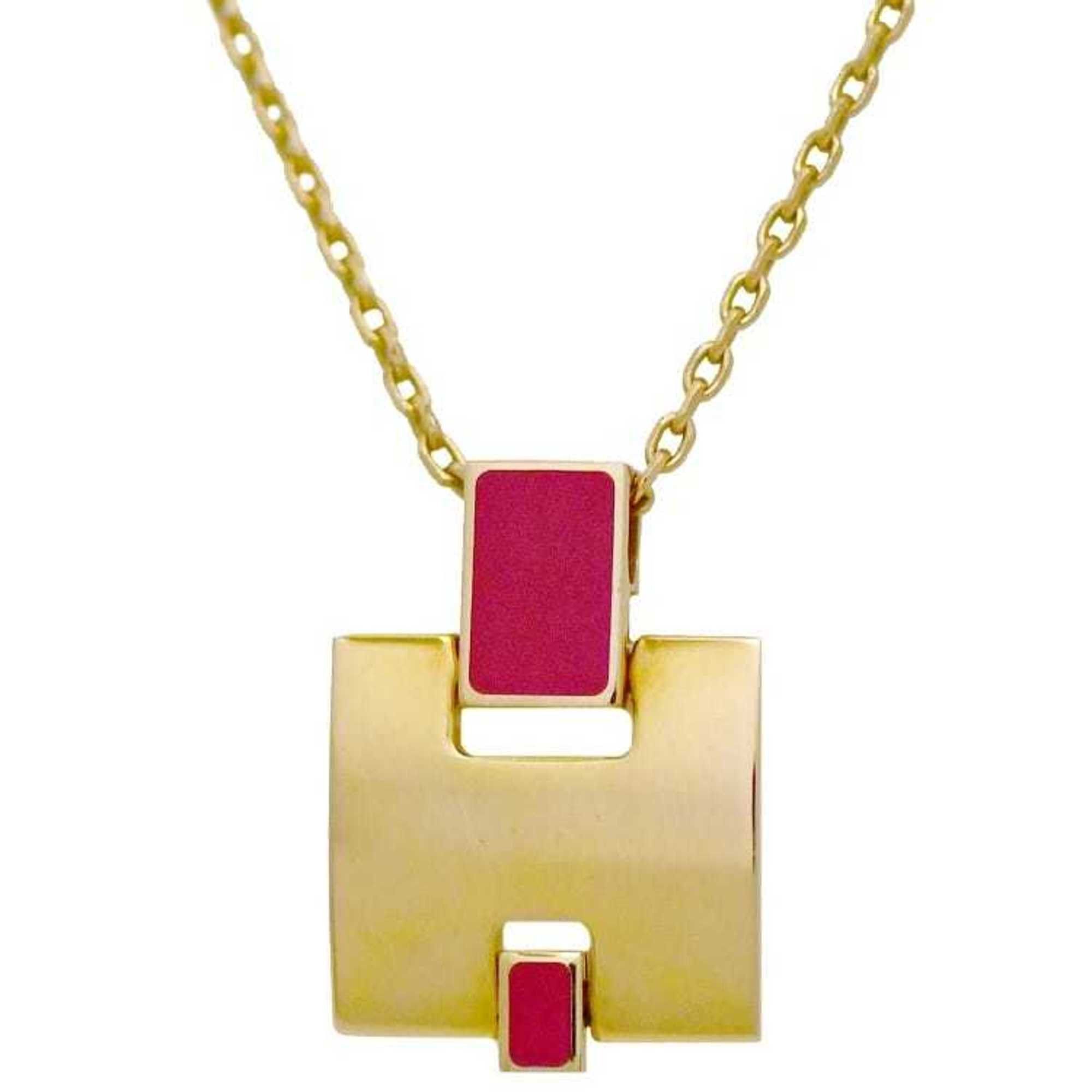 image of Hermes Necklace Irene Gold Pink H146201 Gp Pendant Top H Women's 45Cm 50Cm in Black