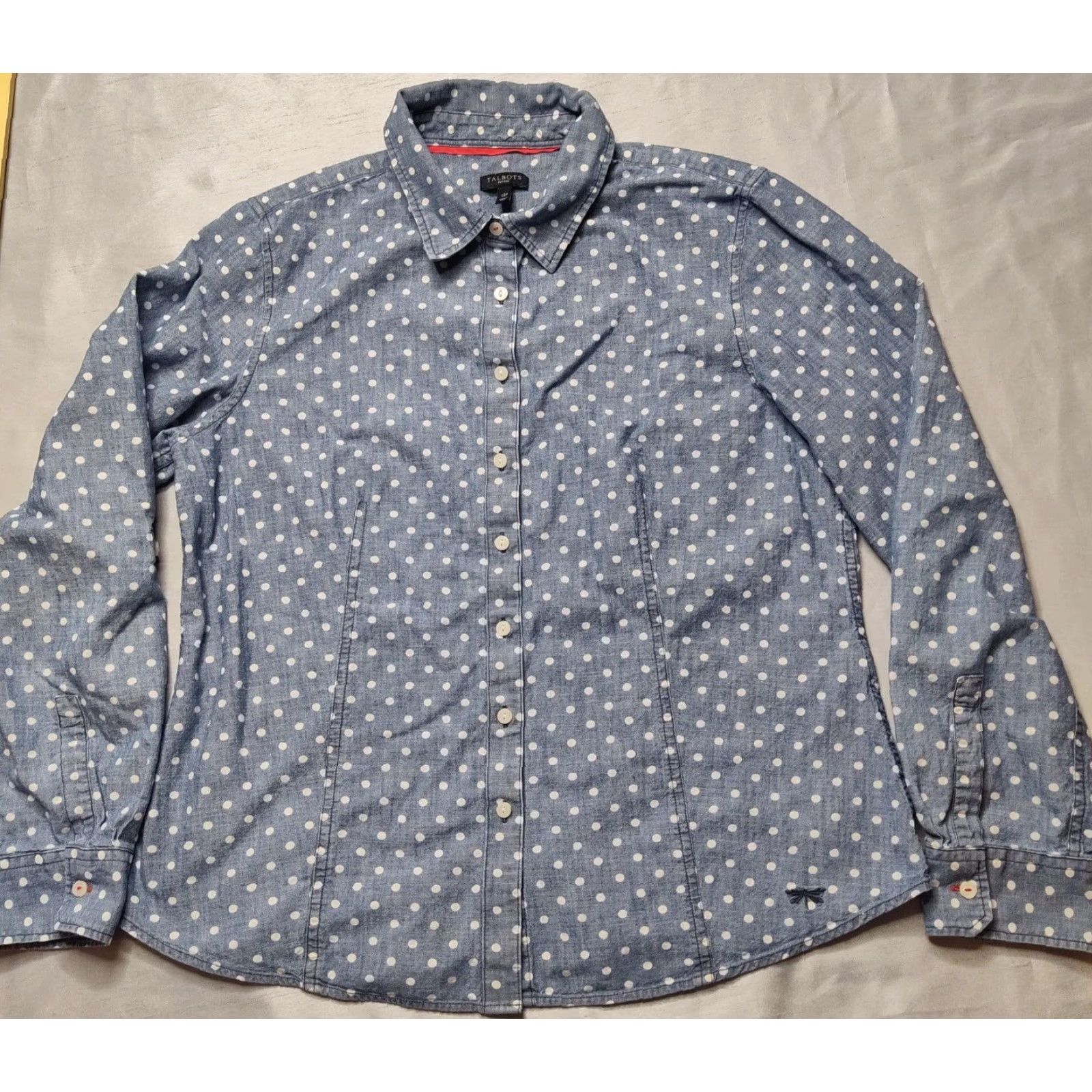 Talbots TALBOTS Women Petites 12P Blue Polka Dot Denim Button-Up Shirt Size XL / US 12-14 / IT 48-50 - 5 Thumbnail