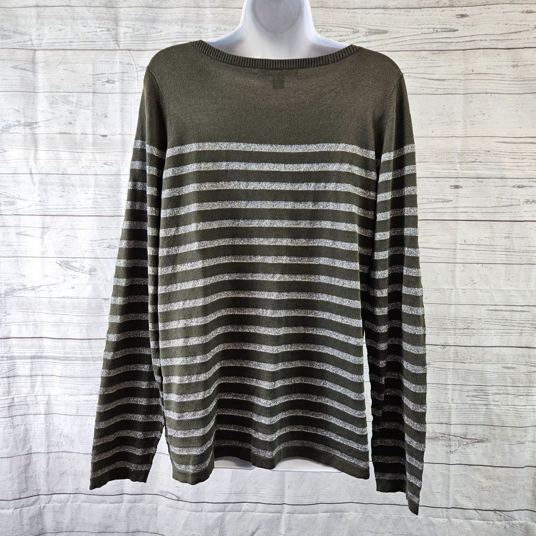 Tommy Bahama Tommy Bahama Womens Knit Top Sz XL Green Silver Striped Cotton Blend Long Sleeve Blouse Women XL Green Silver Striped Knit Top Size XL / US 12-14 / IT 48-50 - 4 Thumbnail