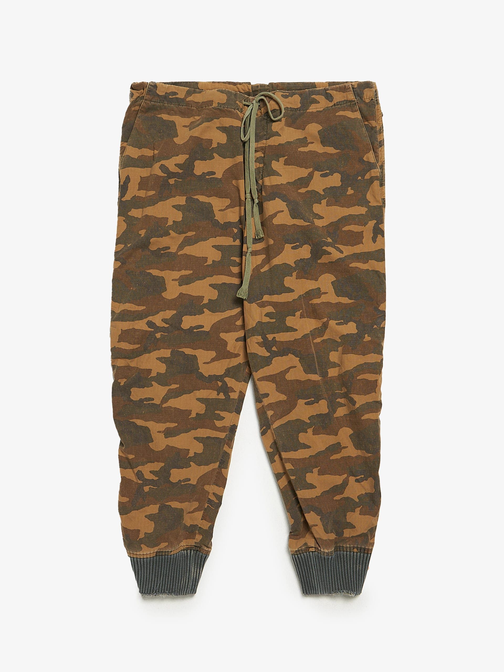 image of Greg Lauren Khaki Military Ornament Printed Ragged Hem Detailed Cotton Pants, Men's (Size 37)