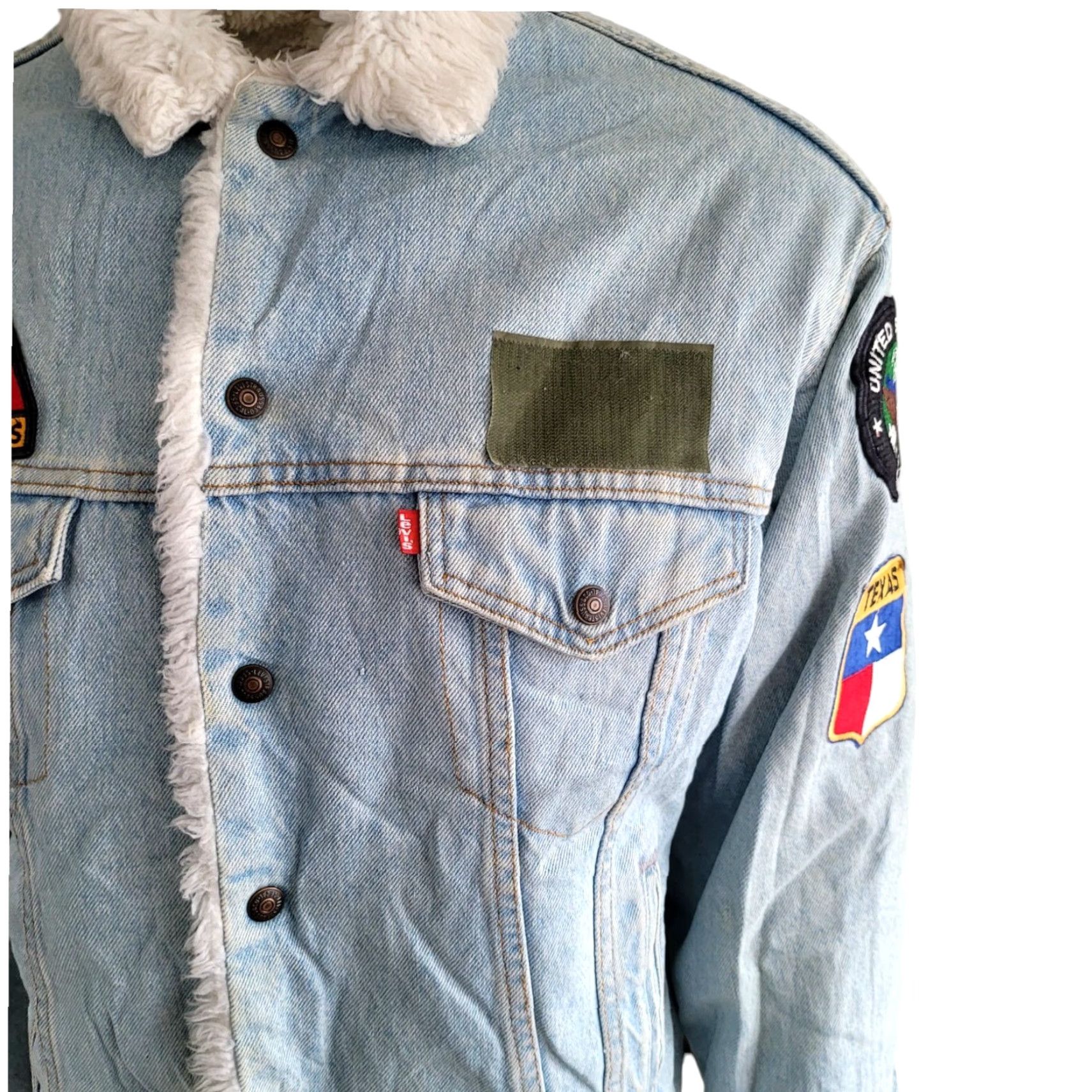 Levi's Levi's Sherpa Trucker Jacket M - Made in USA - Black Denim - Military Patchwork - Hell on Wheels Infantry - Men’s Jacket Size US M / EU 48-50 / 2 - 4 Thumbnail