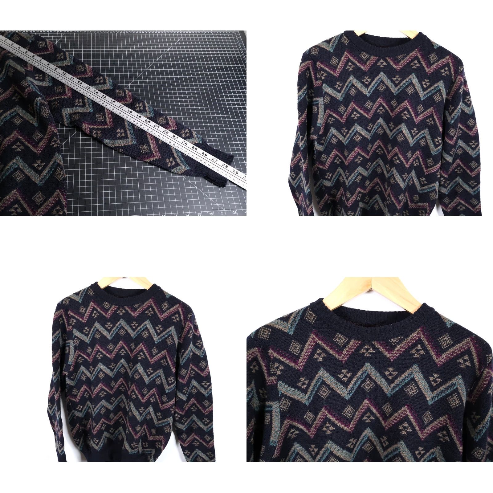 Vintage VINTAGE 90s Wool Blend Sweater Men's M Dark Blue Purple Geometric Italian Knit Pullover Crew Neck Knitwear, Regular Fit, Fall Winter Season, Mens Size US M / EU 48-50 / 2 - 8 Thumbnail