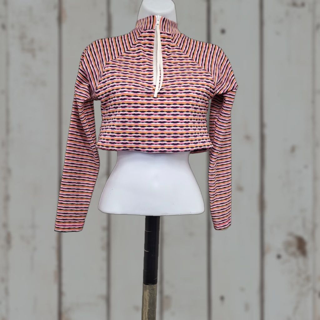 Athleta Athleta Crop Top Women's Small Multicolor Striped Activewear Mock Long Sleeve Shirt (Regular) Pink Size S / US 4 / IT 40 - 1 Thumbnail