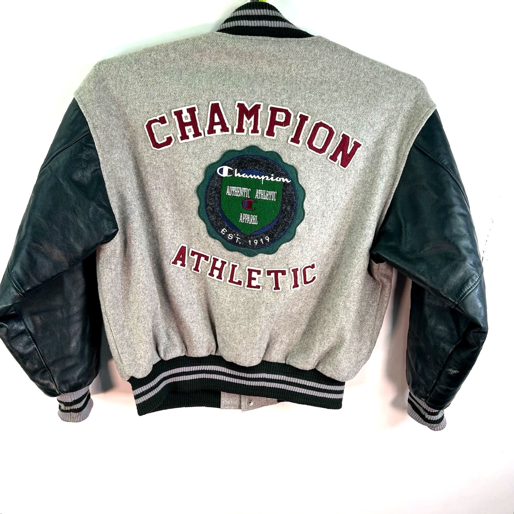 Champion VINTAGE Champion Leather Wool Varsity Jacket Men L Green 90s Sports Embroidered Mid-Length Size US L / EU 52-54 / 3 - 7 Thumbnail