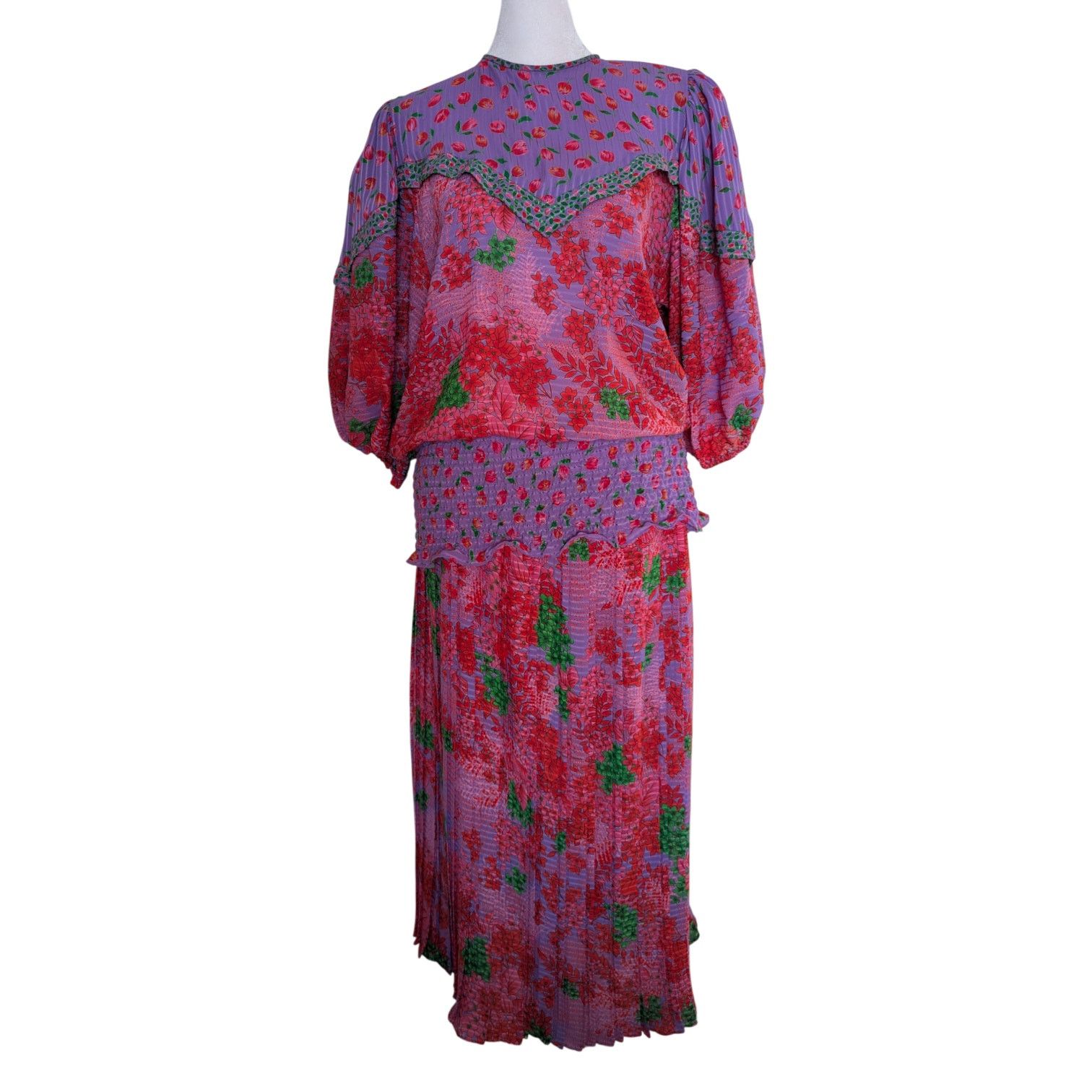Other Vintage Assorti Susan Freis Pink Purple Floral Blouse Skirt Size XS / US 0-2 / IT 36-38 - 1 Thumbnail