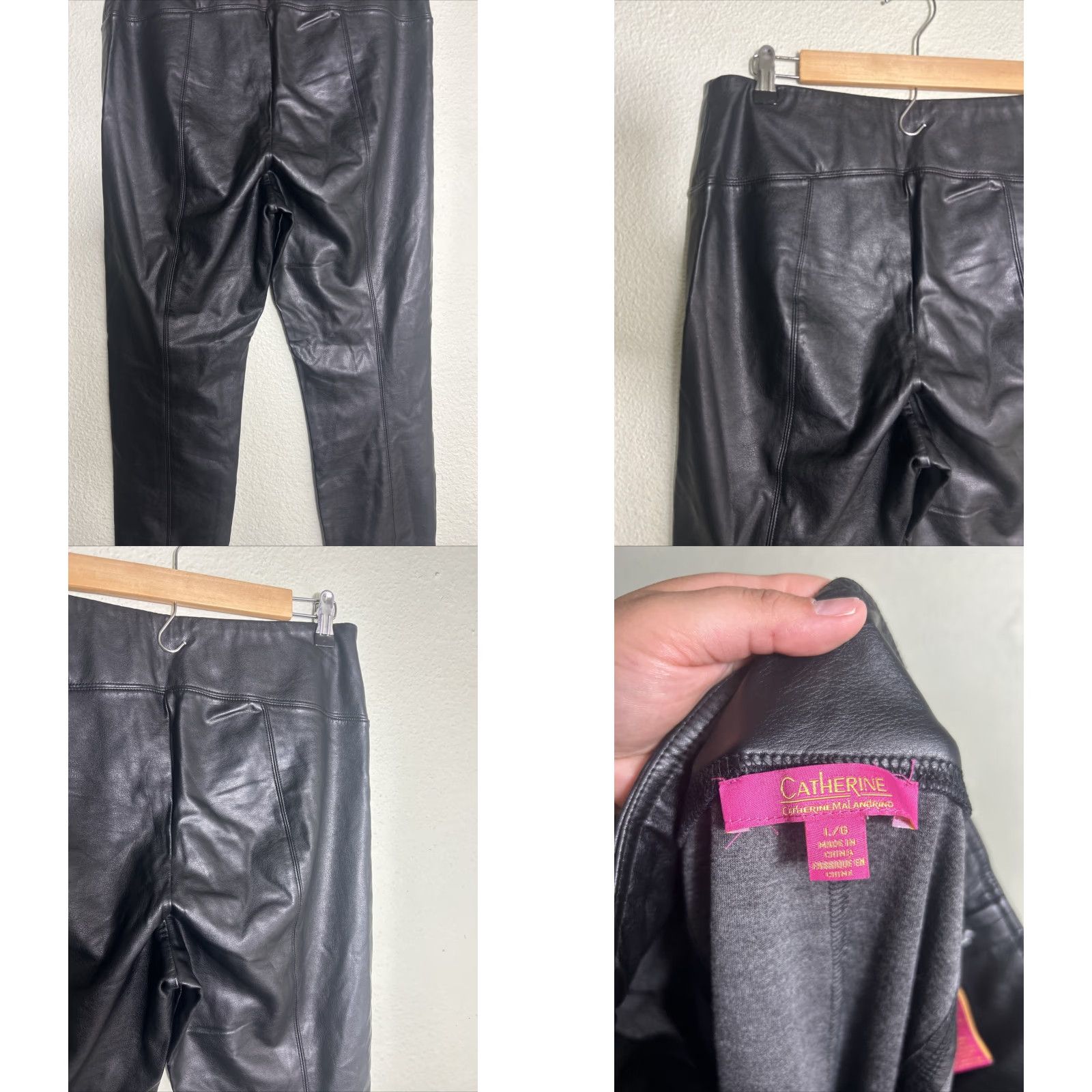 Vintage Catherine Malandrino Pants Womens Large Black Rayon Blend Faux Leather Pull On Skinny High Rise Flat Front Size 36" / US 14 / IT 50 - 8 Thumbnail
