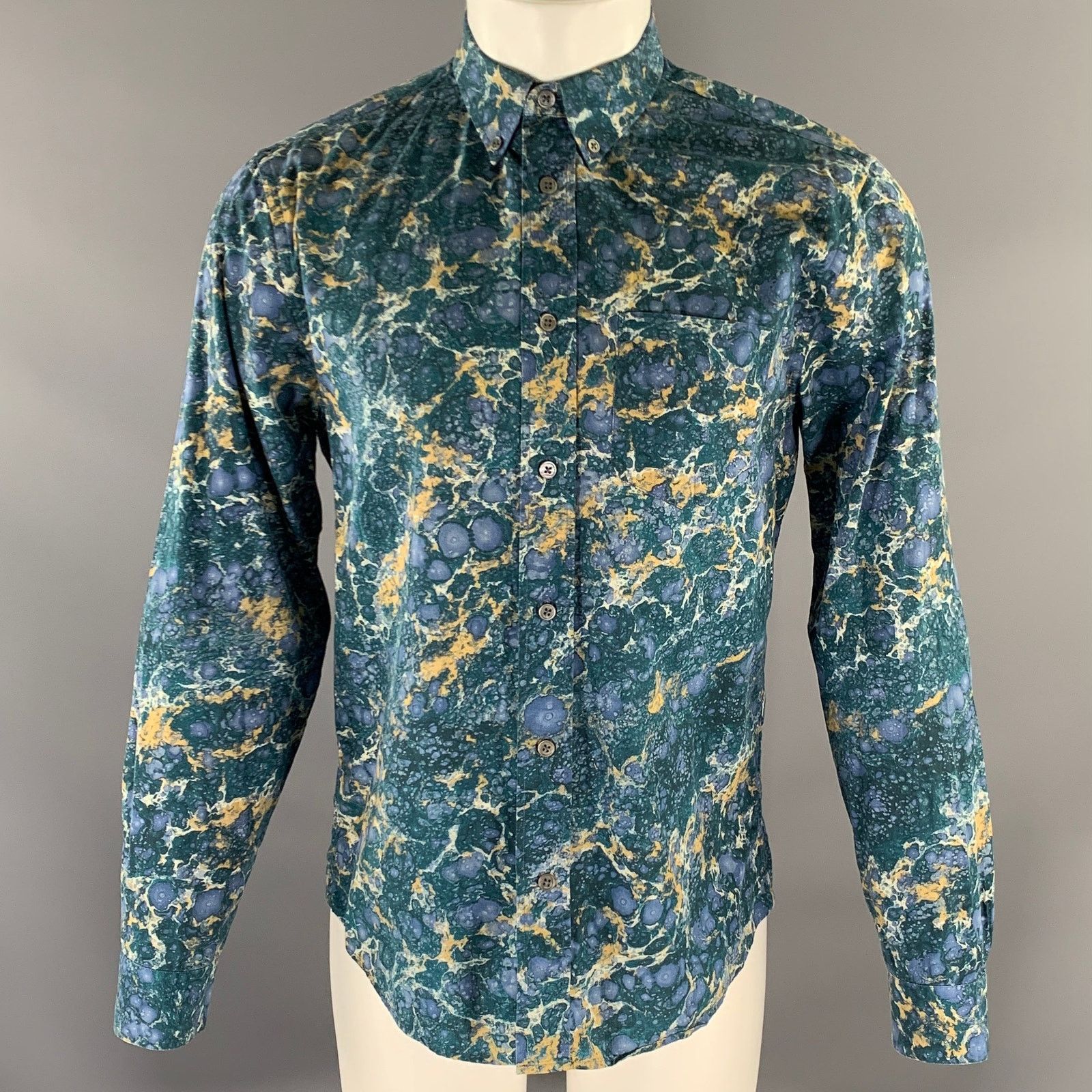 Acne Studios ACNE STUDIOS M Blue Teal Marbled Cotton Button Down Shirt Size US M / EU 48-50 / 2 - 1 Thumbnail