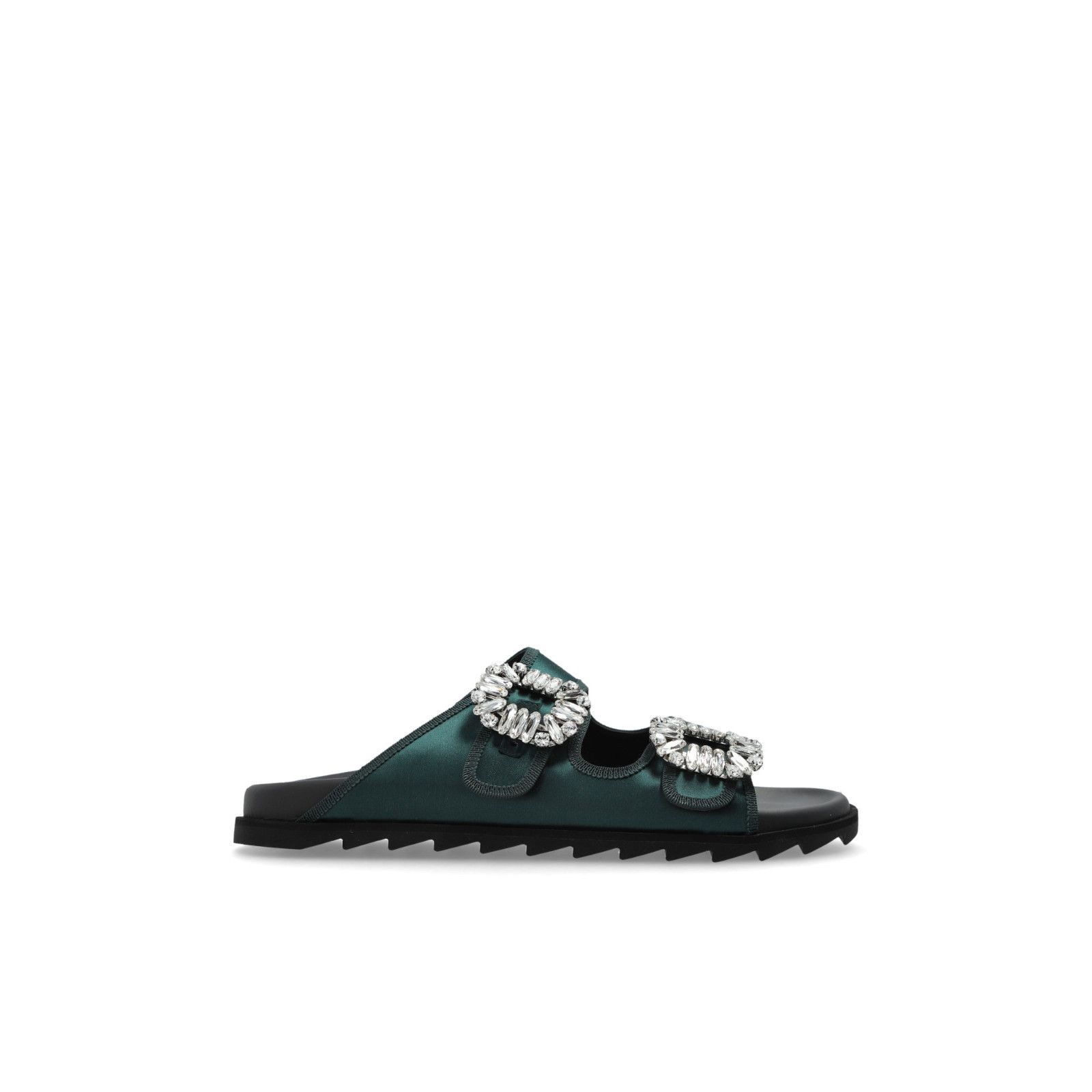 ROGER VIVIER Rhinestone Jewel Green Satin Mules New & Authen