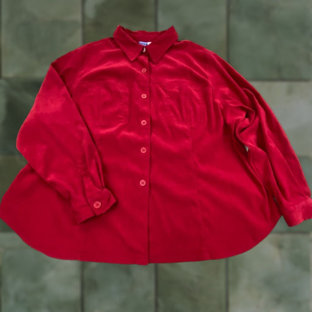 Velvet Venezia Jeans Womens Red Velour Button Up Shirt 26 Plus Long Sleeve Loose Fit Polyester Size 4XL / US 24-26 - 1 Thumbnail