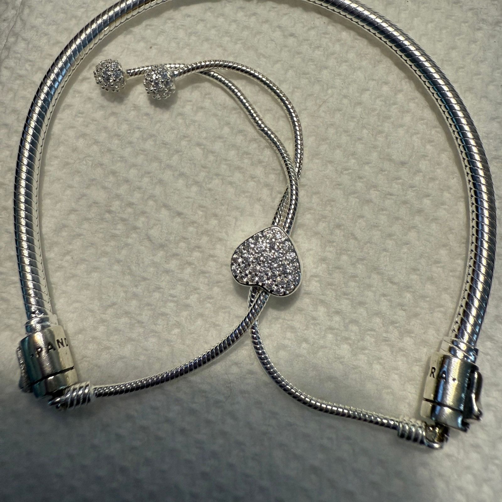 pandora Authentic Pandora Silver Sparkling Pave Heart Slider Bracele Size ONE SIZE - 7 Thumbnail